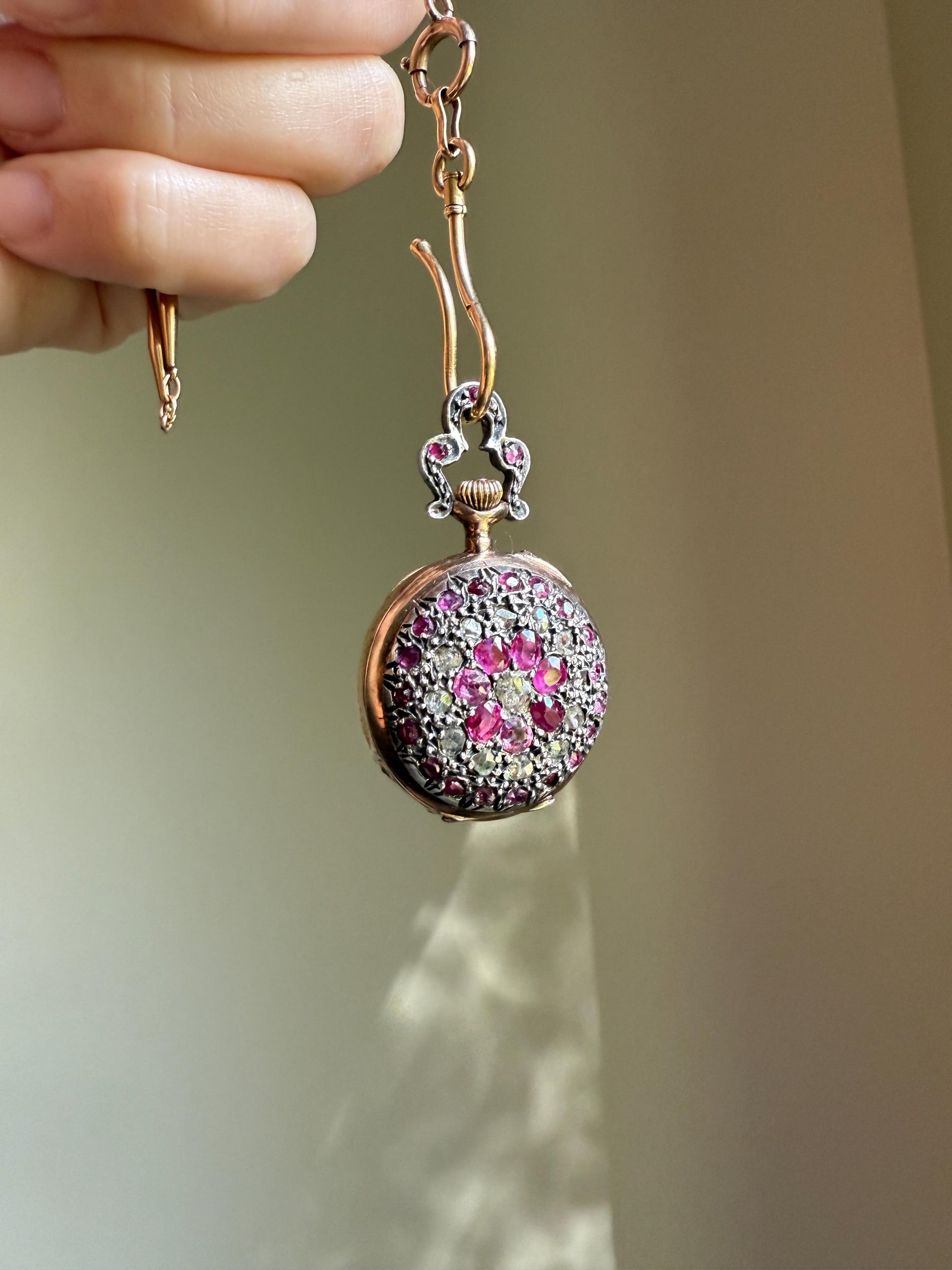 RUBY Rose Cut DIAMONDS French Antique 18k Gold Silver Ladies Chatelaine Pocket Watch Case Pendant Bullseye Target Belle Epoque Locket Pink