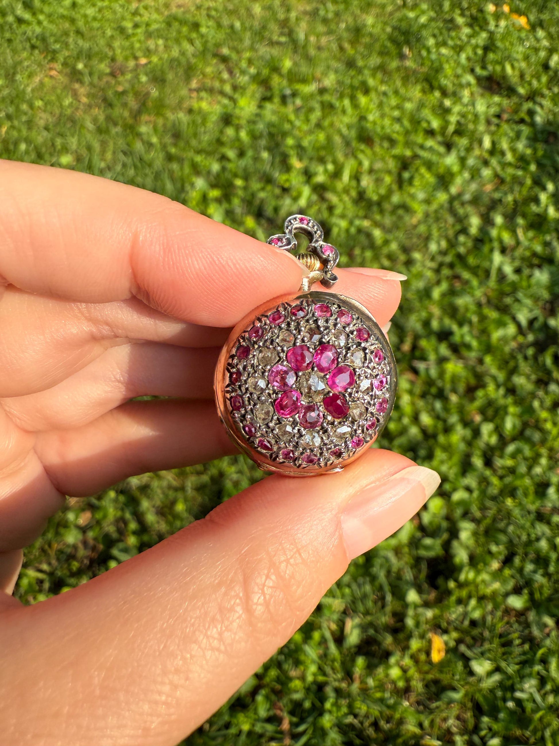 RUBY Rose Cut DIAMONDS French Antique 18k Gold Silver Ladies Chatelaine Pocket Watch Case Pendant Bullseye Target Belle Epoque Locket Pink
