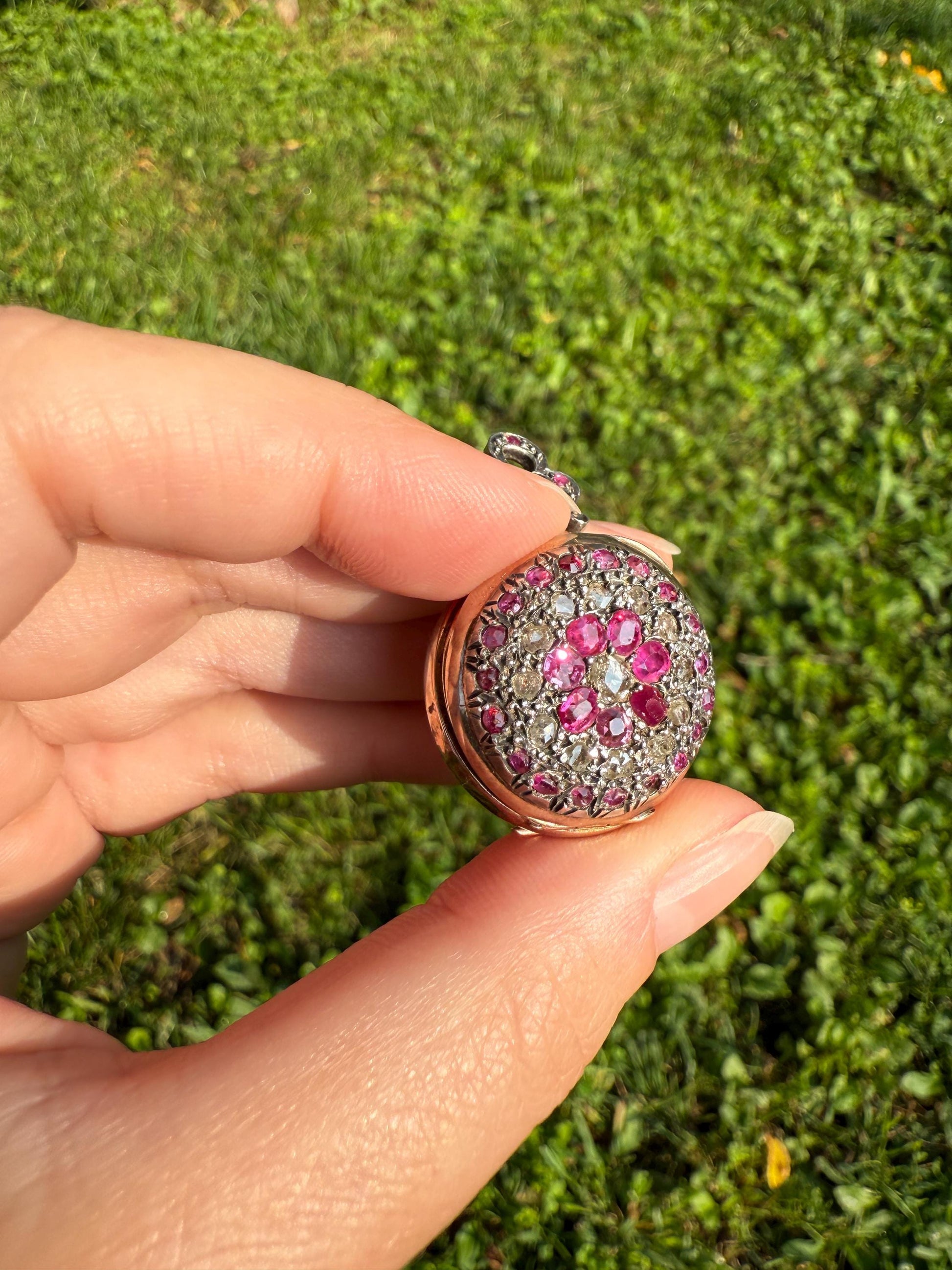 RUBY Rose Cut DIAMONDS French Antique 18k Gold Silver Ladies Chatelaine Pocket Watch Case Pendant Bullseye Target Belle Epoque Locket Pink