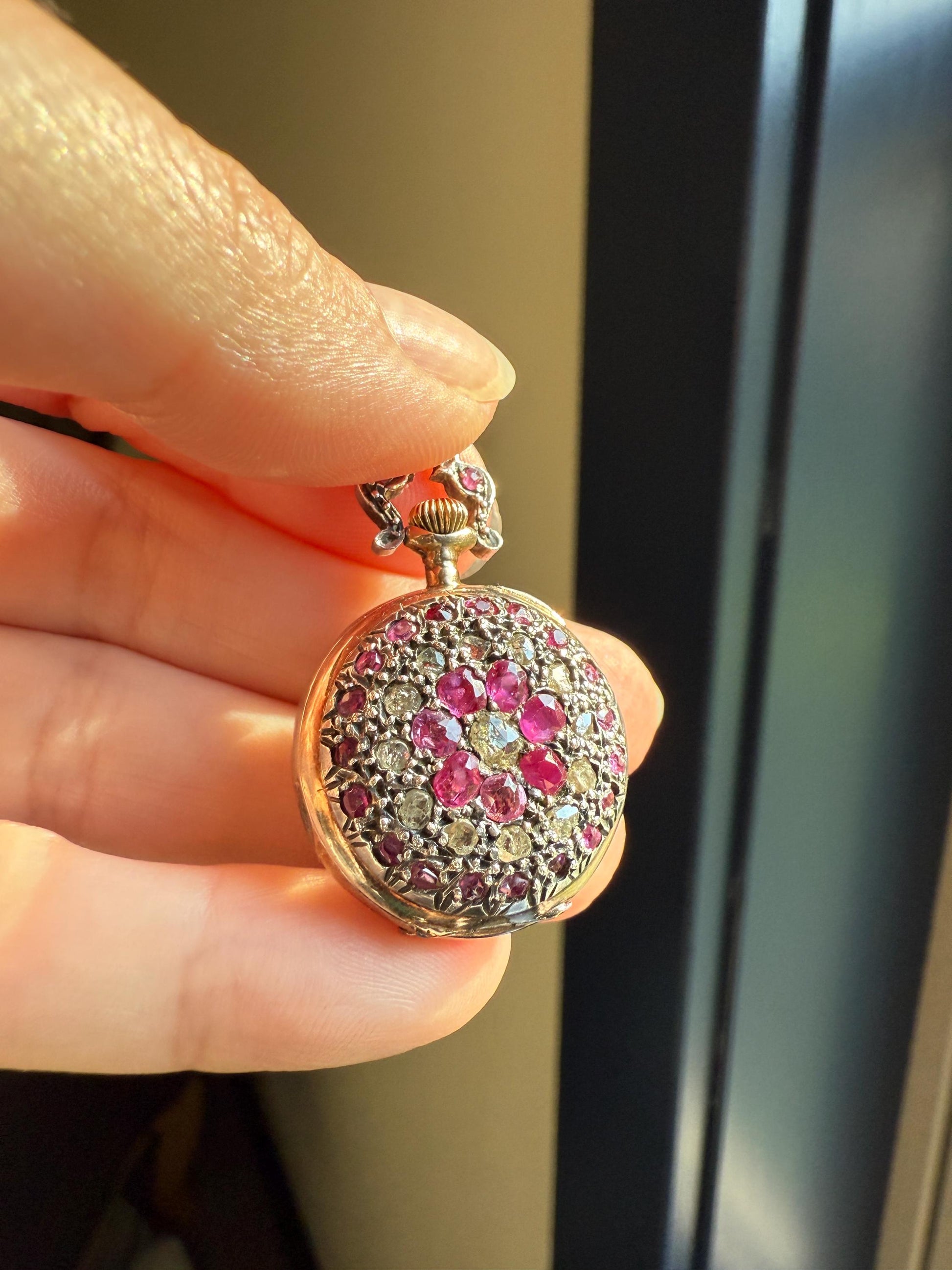 RUBY Rose Cut DIAMONDS French Antique 18k Gold Silver Ladies Chatelaine Pocket Watch Case Pendant Bullseye Target Belle Epoque Locket Pink
