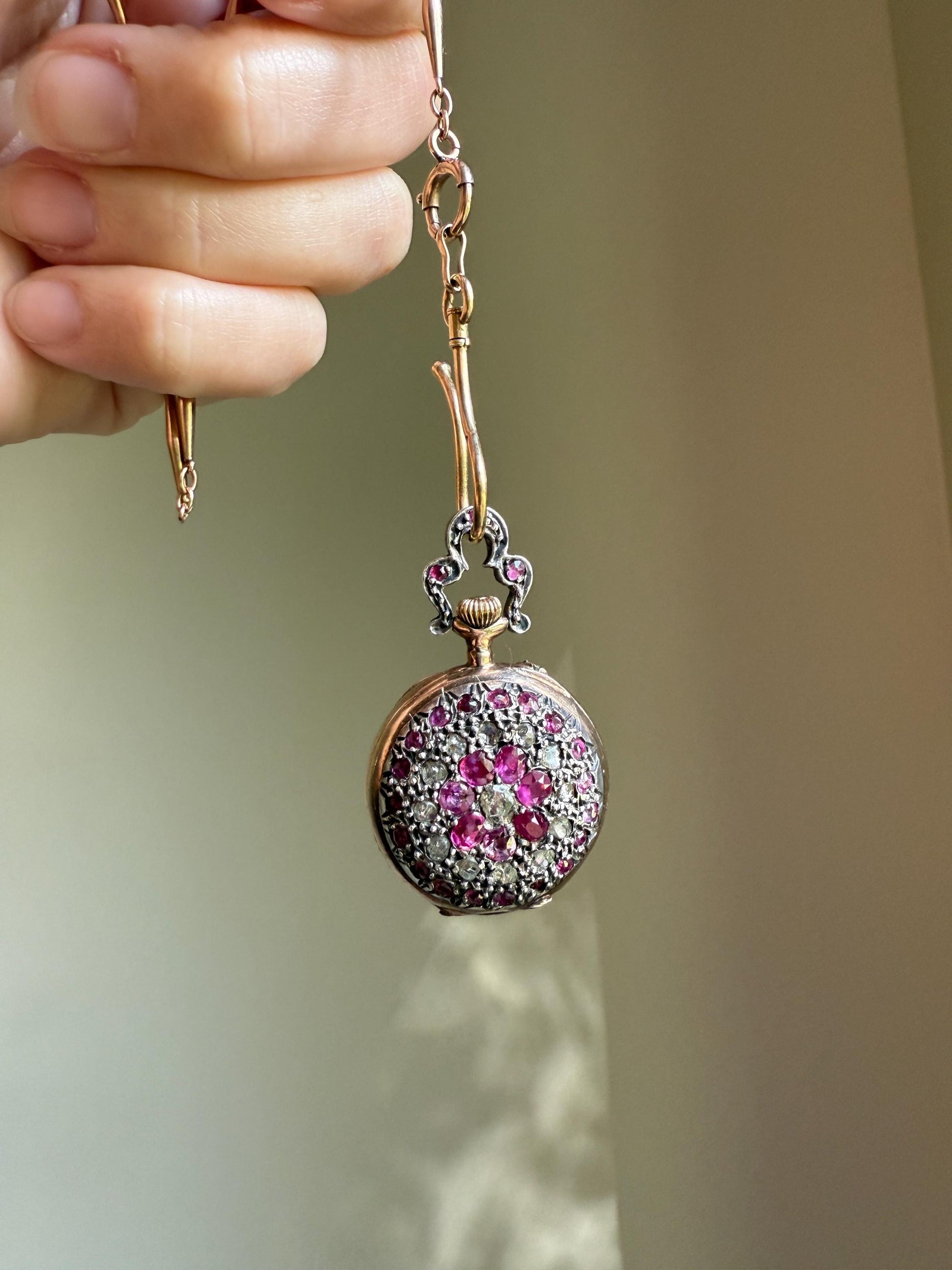 RUBY Rose Cut DIAMONDS French Antique 18k Gold Silver Ladies Chatelaine Pocket Watch Case Pendant Bullseye Target Belle Epoque Locket Pink