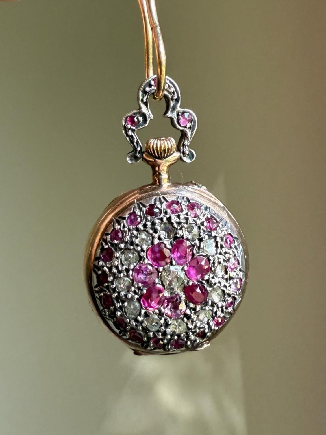 RUBY Rose Cut DIAMONDS French Antique 18k Gold Silver Ladies Chatelaine Pocket Watch Case Pendant