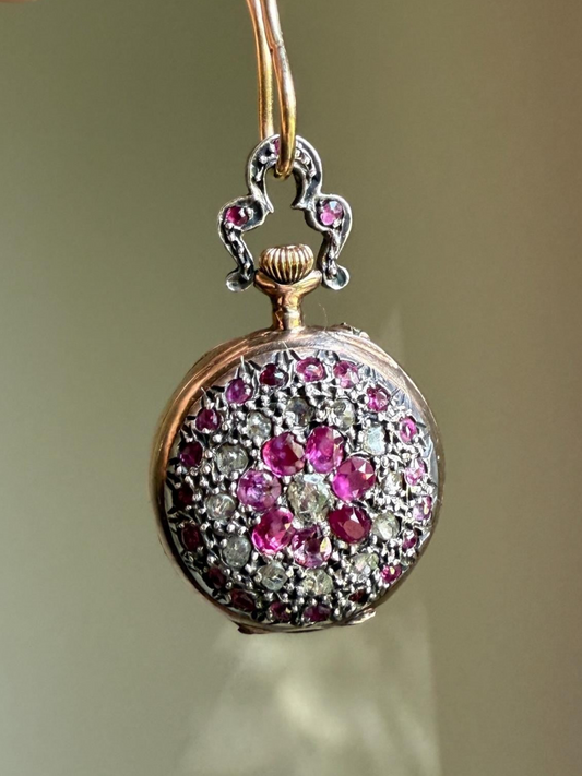 RUBY Rose Cut DIAMONDS French Antique 18k Gold Silver Ladies Chatelaine Pocket Watch Case Pendant
