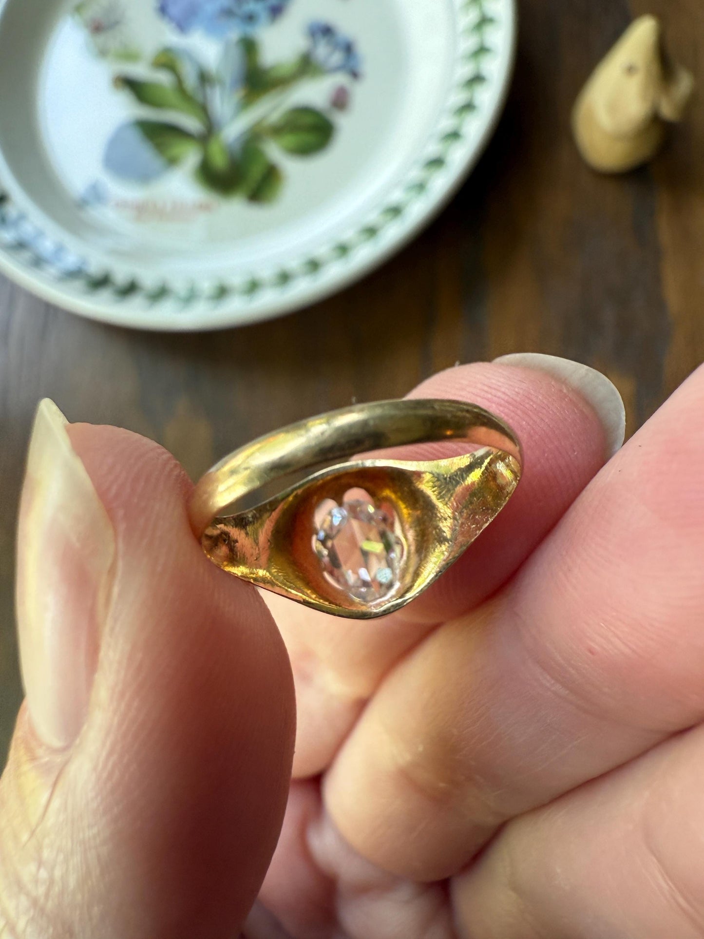 Special PEAR Open Back Rose Cut DIAMOND Original Antique Solitiare 18k Gold Buttercup Belcher Glowing Setting
