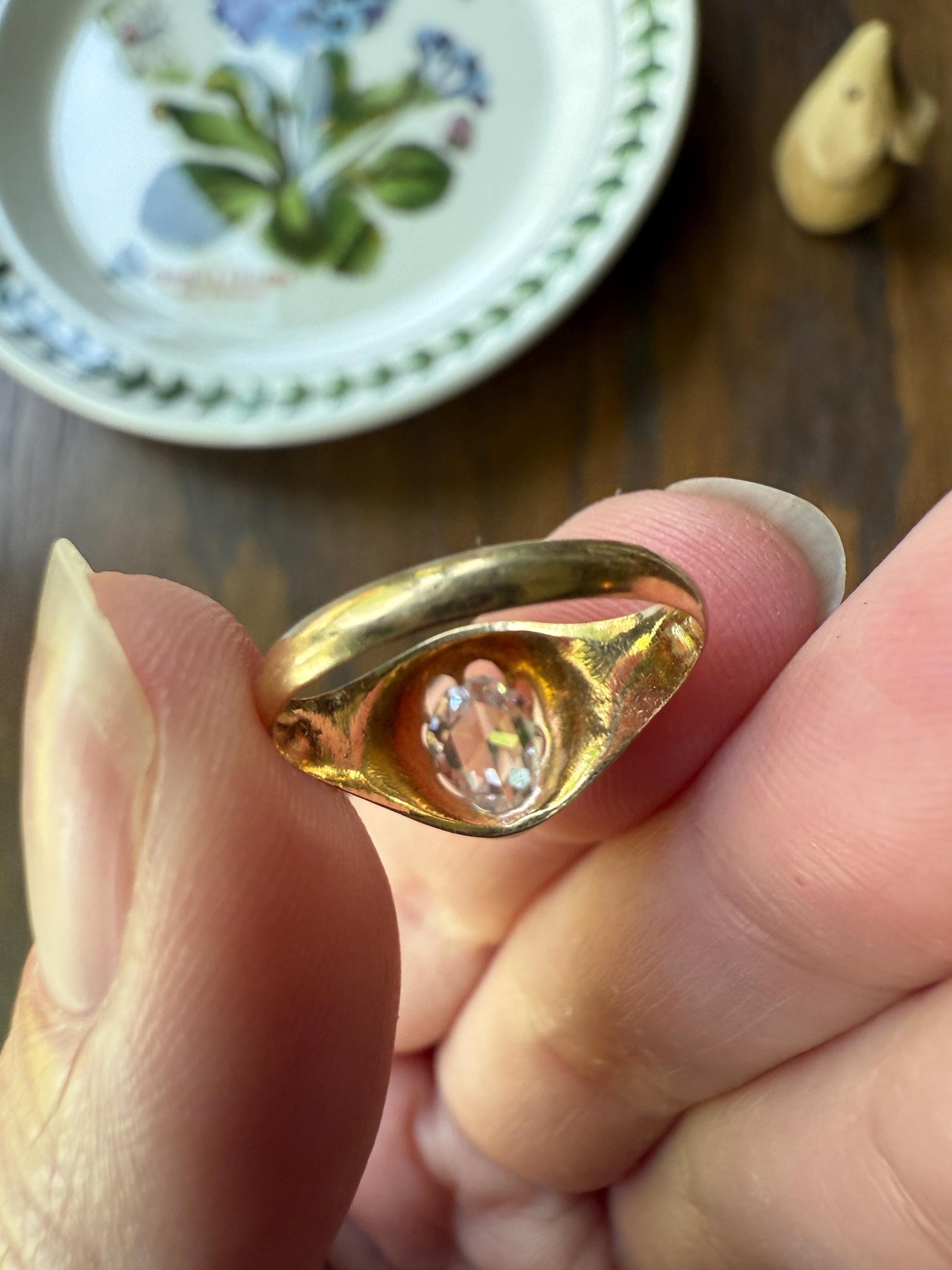 Special PEAR Open Back Rose Cut DIAMOND Original Antique Solitiare 18k Gold Buttercup Belcher Glowing Setting