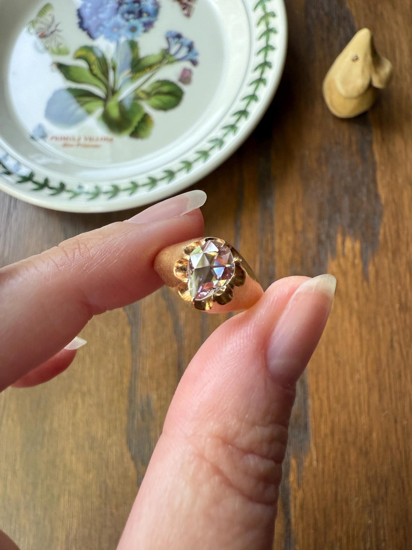 Special PEAR Open Back Rose Cut DIAMOND Original Antique Solitiare 18k Gold Buttercup Belcher Glowing Setting