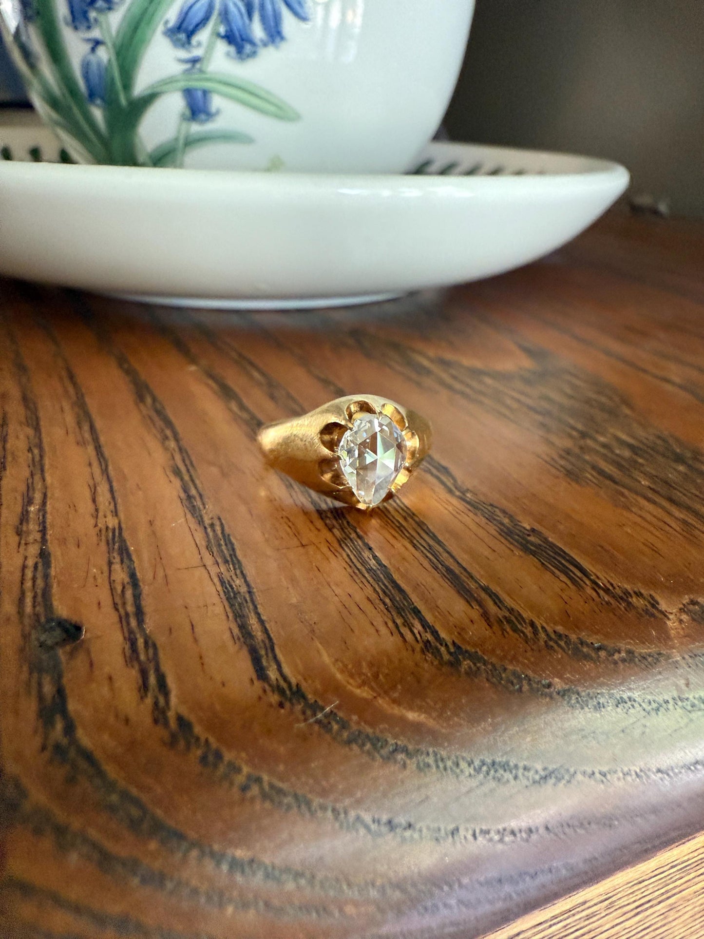 Special PEAR Open Back Rose Cut DIAMOND Original Antique Solitiare 18k Gold Buttercup Belcher Glowing Setting