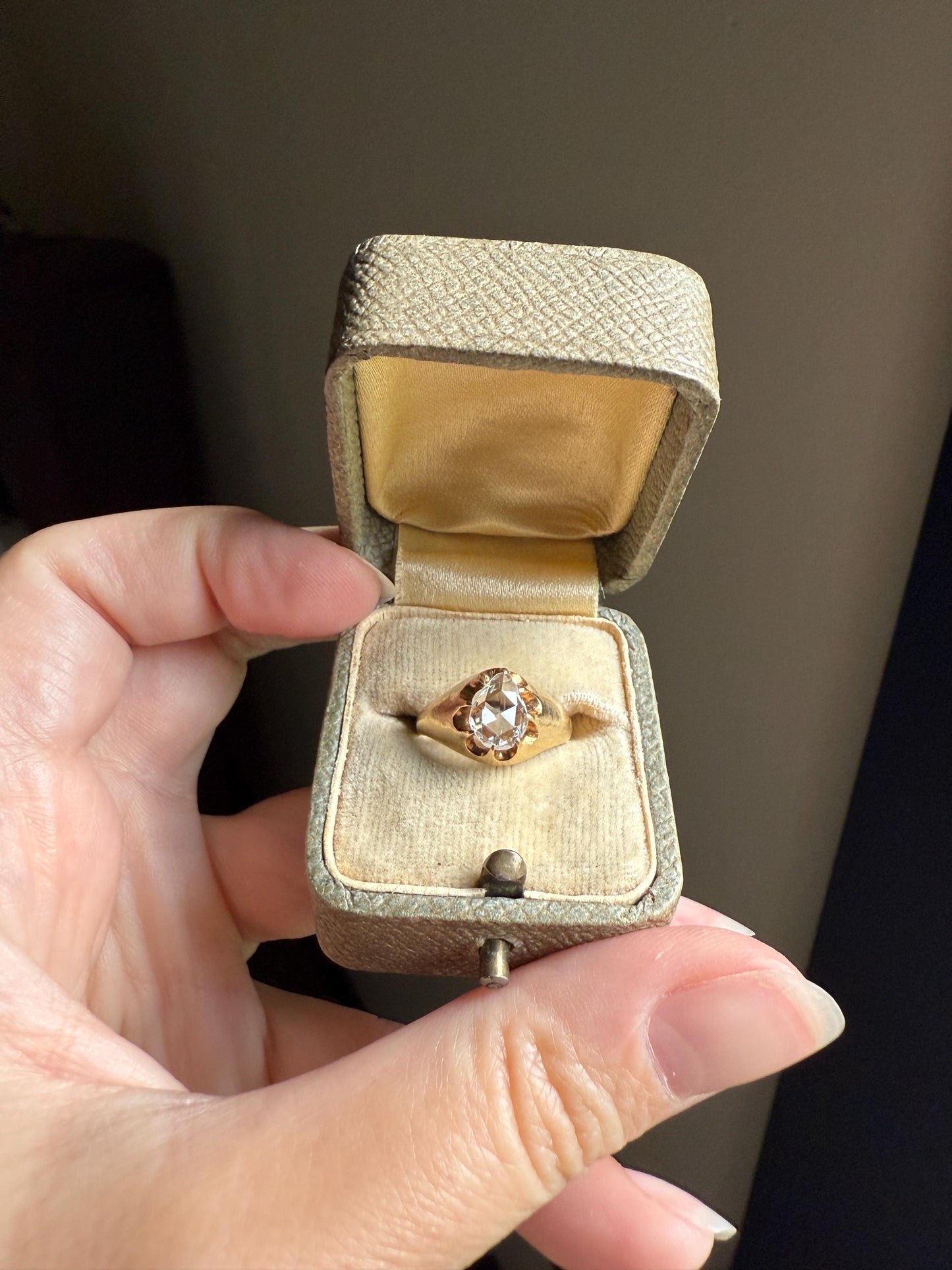Special PEAR Open Back Rose Cut DIAMOND Original Antique Solitiare 18k Gold Buttercup Belcher Glowing Setting