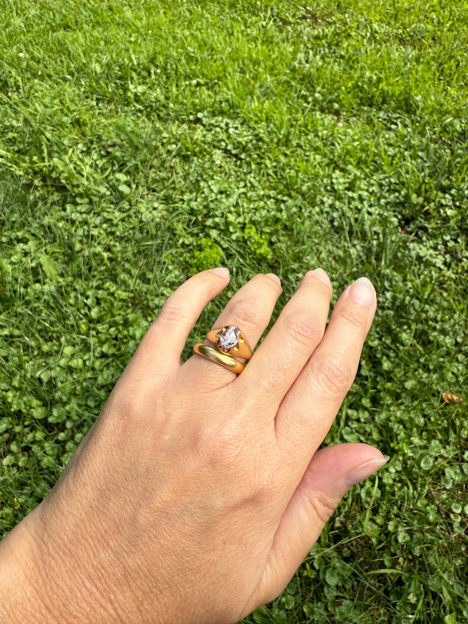 Special PEAR Open Back Rose Cut DIAMOND Original Antique Solitiare 18k Gold Buttercup Belcher Glowing Setting