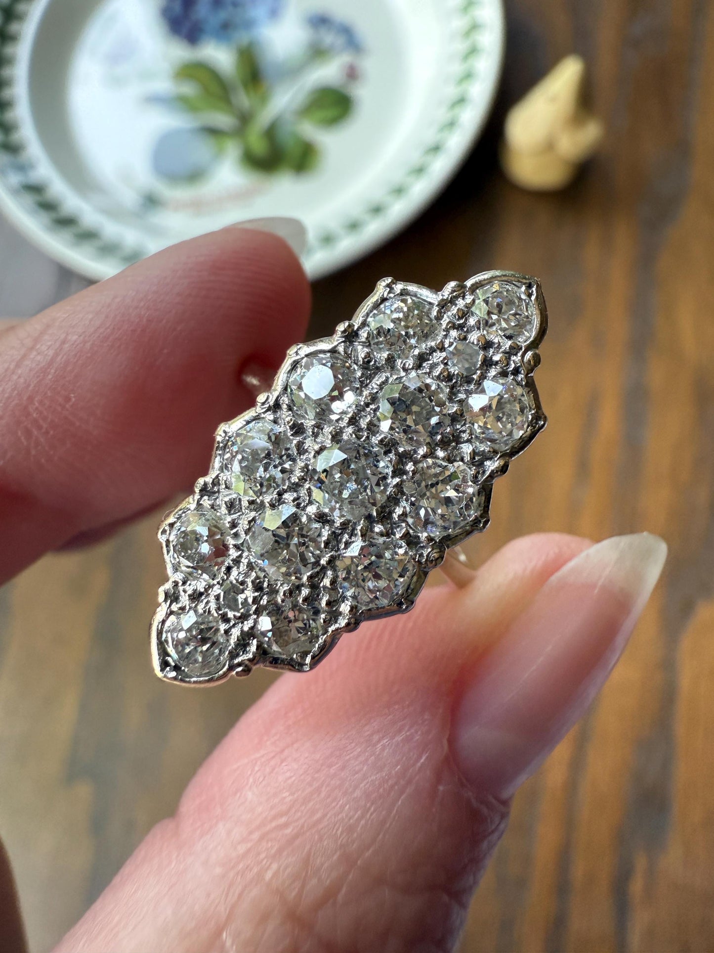 TALL Unique 2.3 Carat Old Mine Cut DIAMOND Navette Cluster Ring French Vintage 18k White Gold Demi Bezel Halo Cobblestone Texture 2.3Ctw OMC