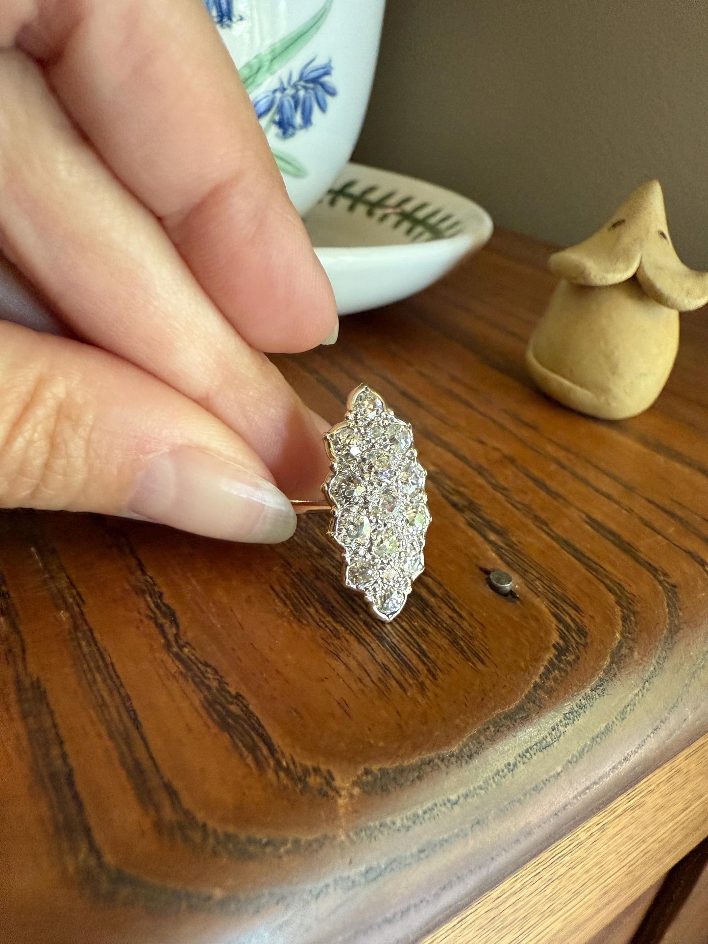 TALL Unique 2.3 Carat Old Mine Cut DIAMOND Navette Cluster Ring French Vintage 18k White Gold Demi Bezel Halo Cobblestone Texture 2.3Ctw OMC