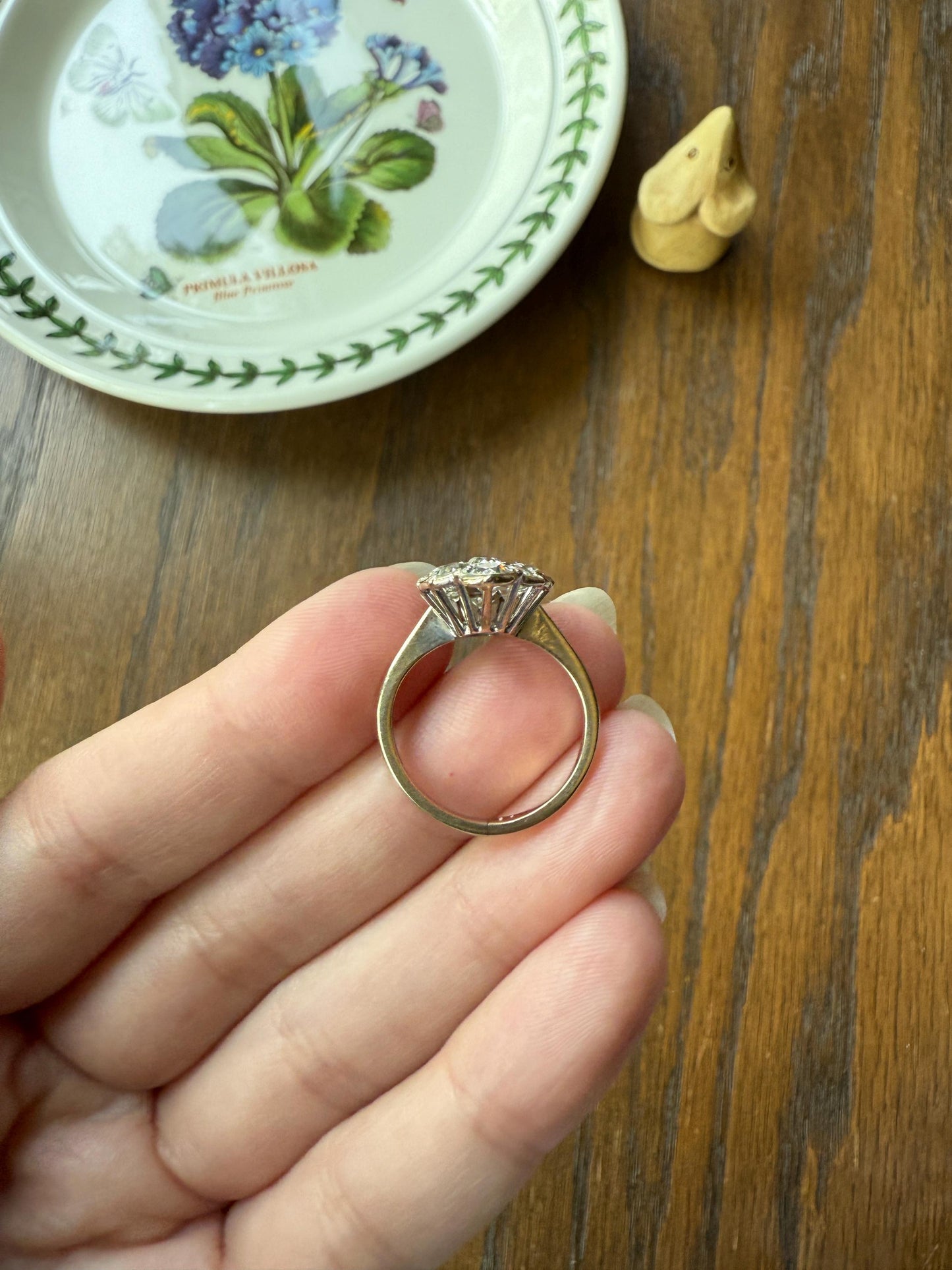 TALL Unique 2.3 Carat Old Mine Cut DIAMOND Navette Cluster Ring French Vintage 18k White Gold Demi Bezel Halo Cobblestone Texture 2.3Ctw OMC