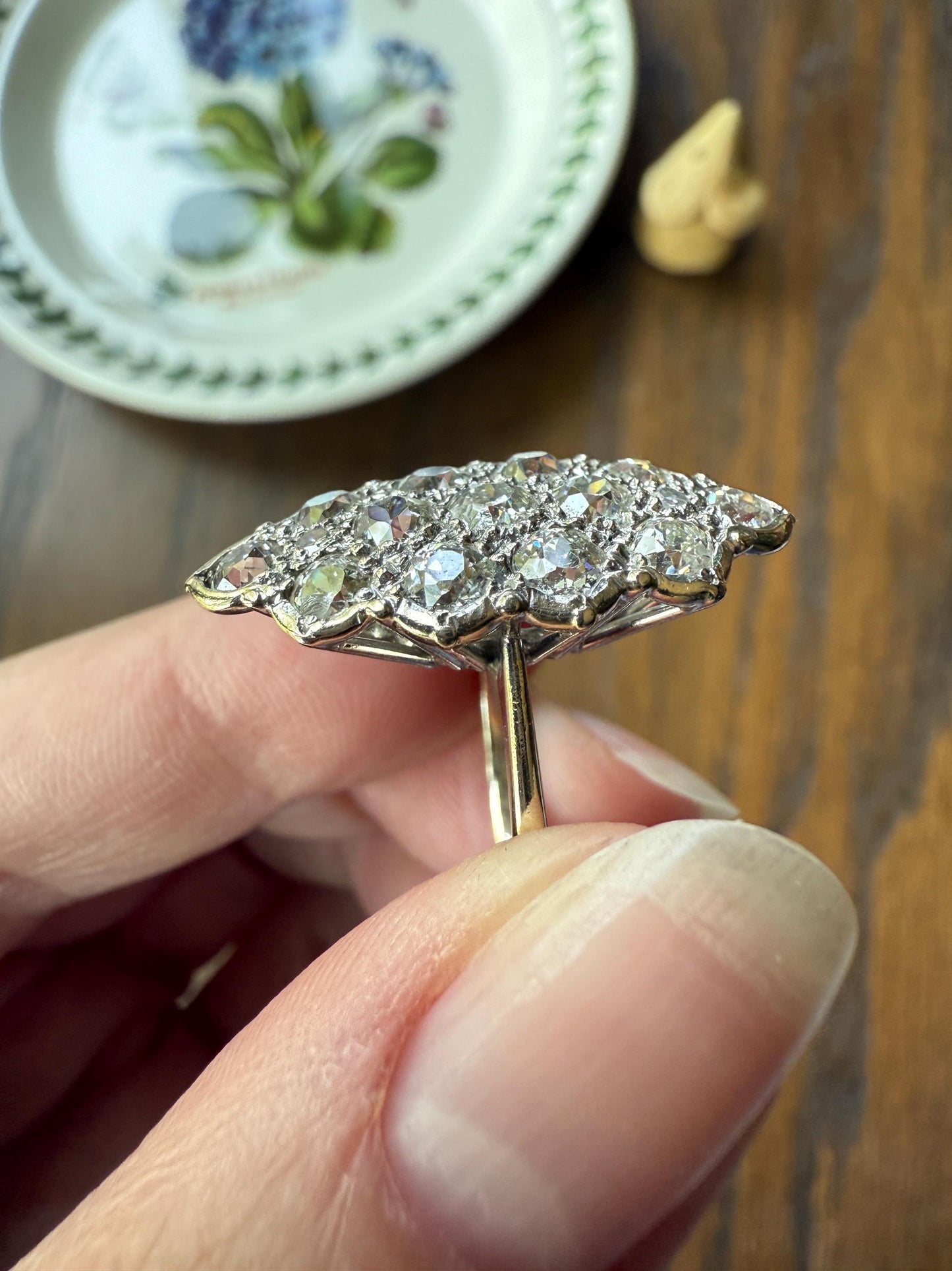 TALL Unique 2.3 Carat Old Mine Cut DIAMOND Navette Cluster Ring French Vintage 18k White Gold Demi Bezel Halo Cobblestone Texture 2.3Ctw OMC