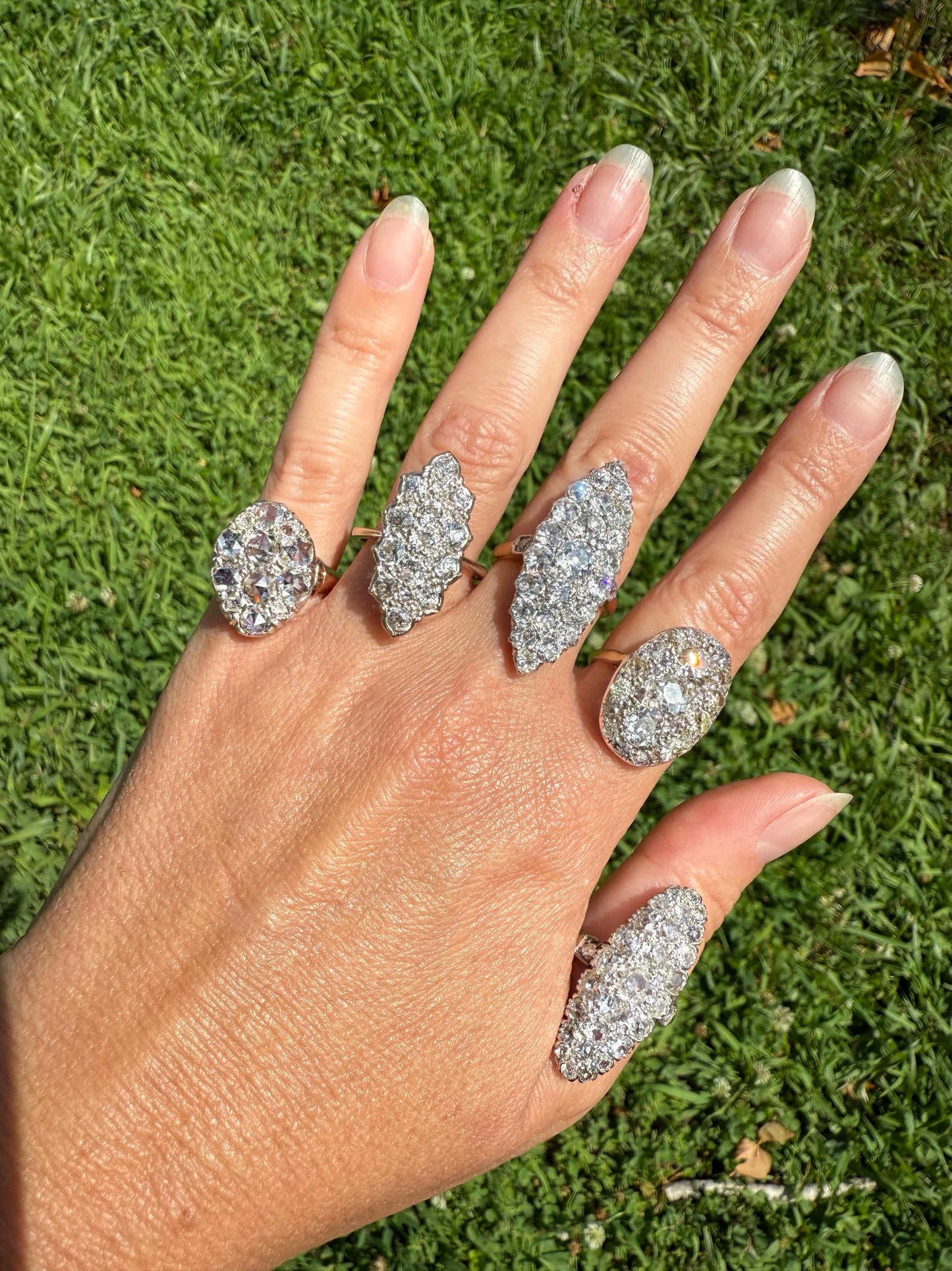 TALL Unique 2.3 Carat Old Mine Cut DIAMOND Navette Cluster Ring French Vintage 18k White Gold Demi Bezel Halo Cobblestone Texture 2.3Ctw OMC