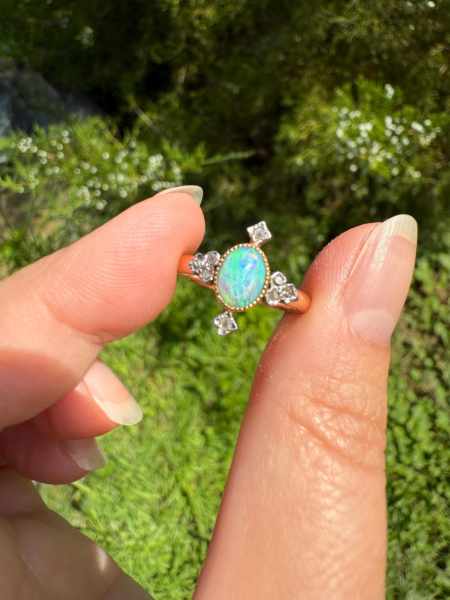 CRUCIFORM Blue OPAL Rose Cut Diamond Accents French Belle Epoque 18k Rose Gold Ring Glowing Stacker Ornate Victorian Edwardian