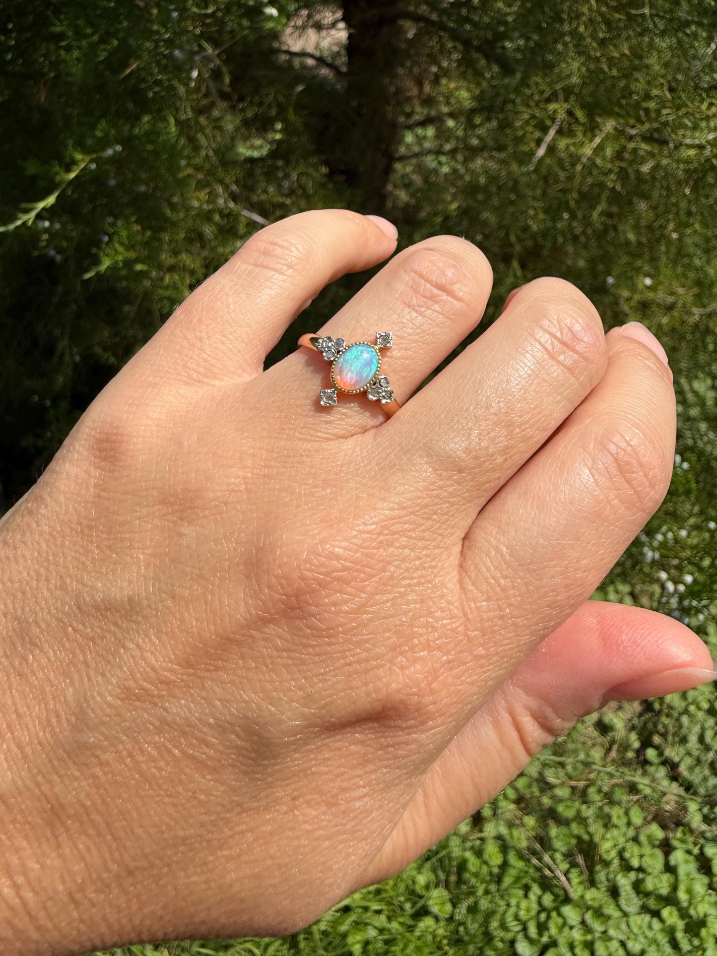 CRUCIFORM Blue OPAL Rose Cut Diamond Accents French Belle Epoque 18k Rose Gold Ring Glowing Stacker Ornate Victorian Edwardian