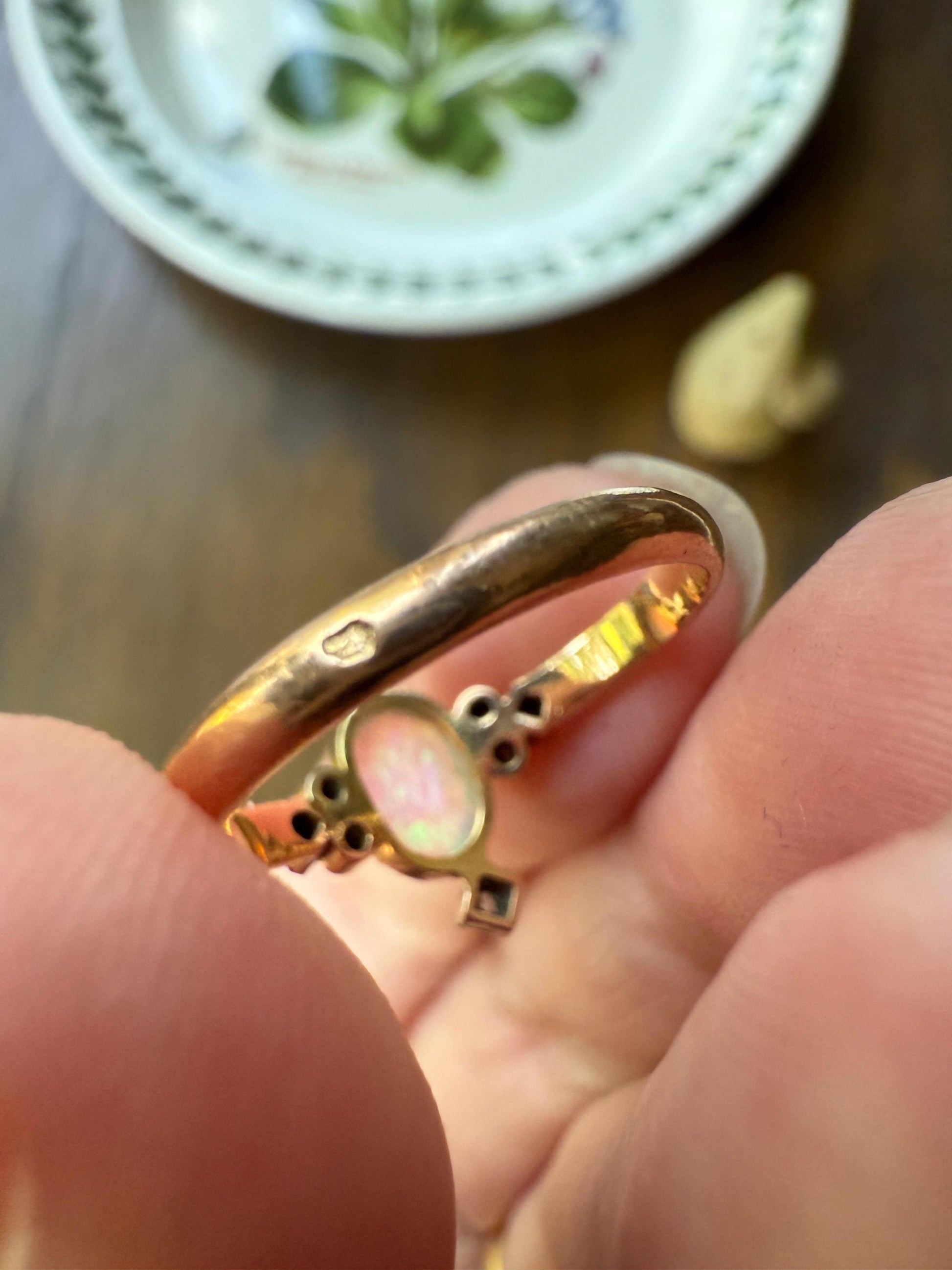 CRUCIFORM Blue OPAL Rose Cut Diamond Accents French Belle Epoque 18k Rose Gold Ring Glowing Stacker Ornate Victorian Edwardian