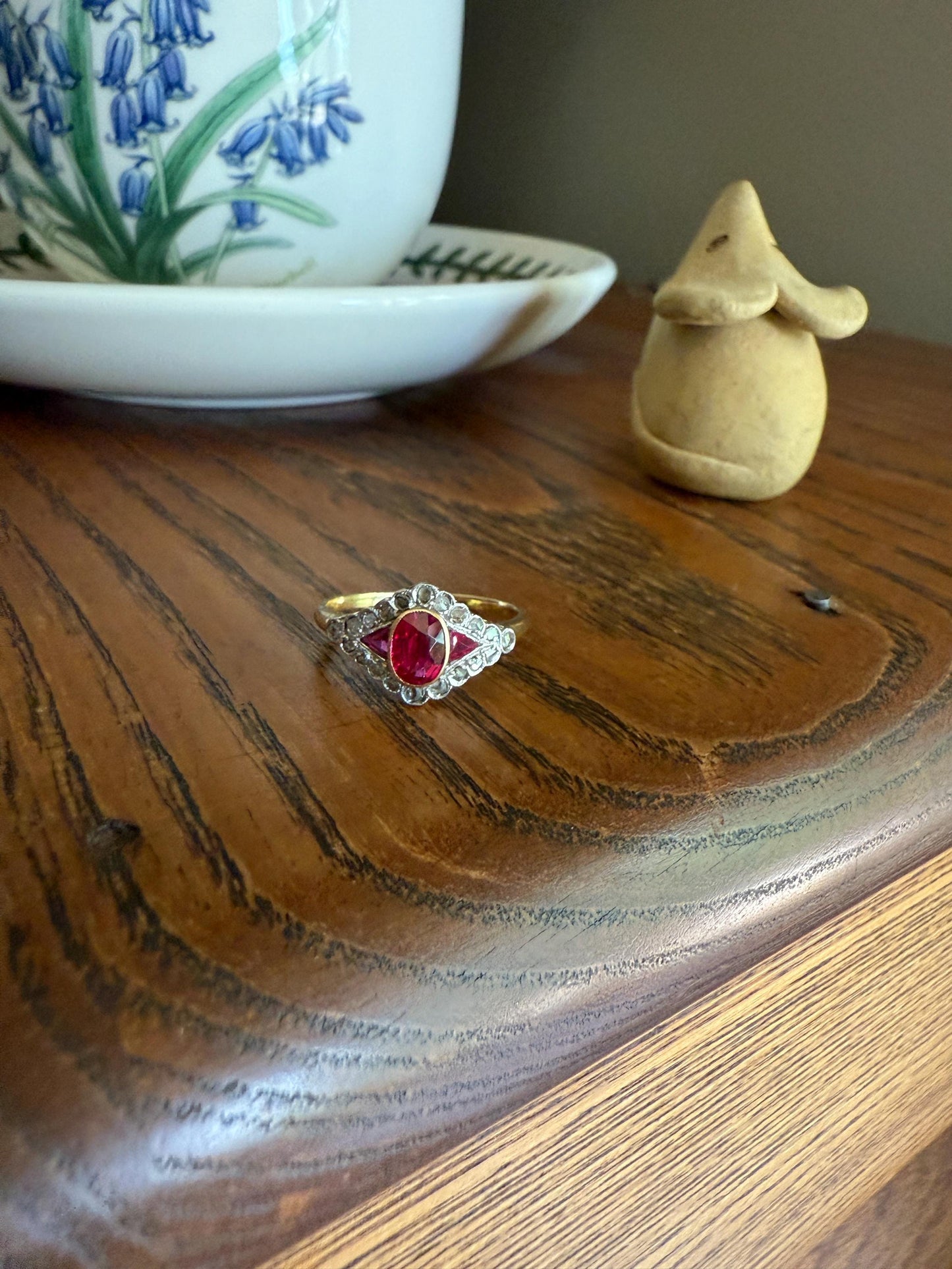 Antique Pink RUBY Rose Cut DIAMOND Garland Halo East West Ring French 18k Gold Stacker Belle Epoque Triangular Trillion Oval Marquise Red