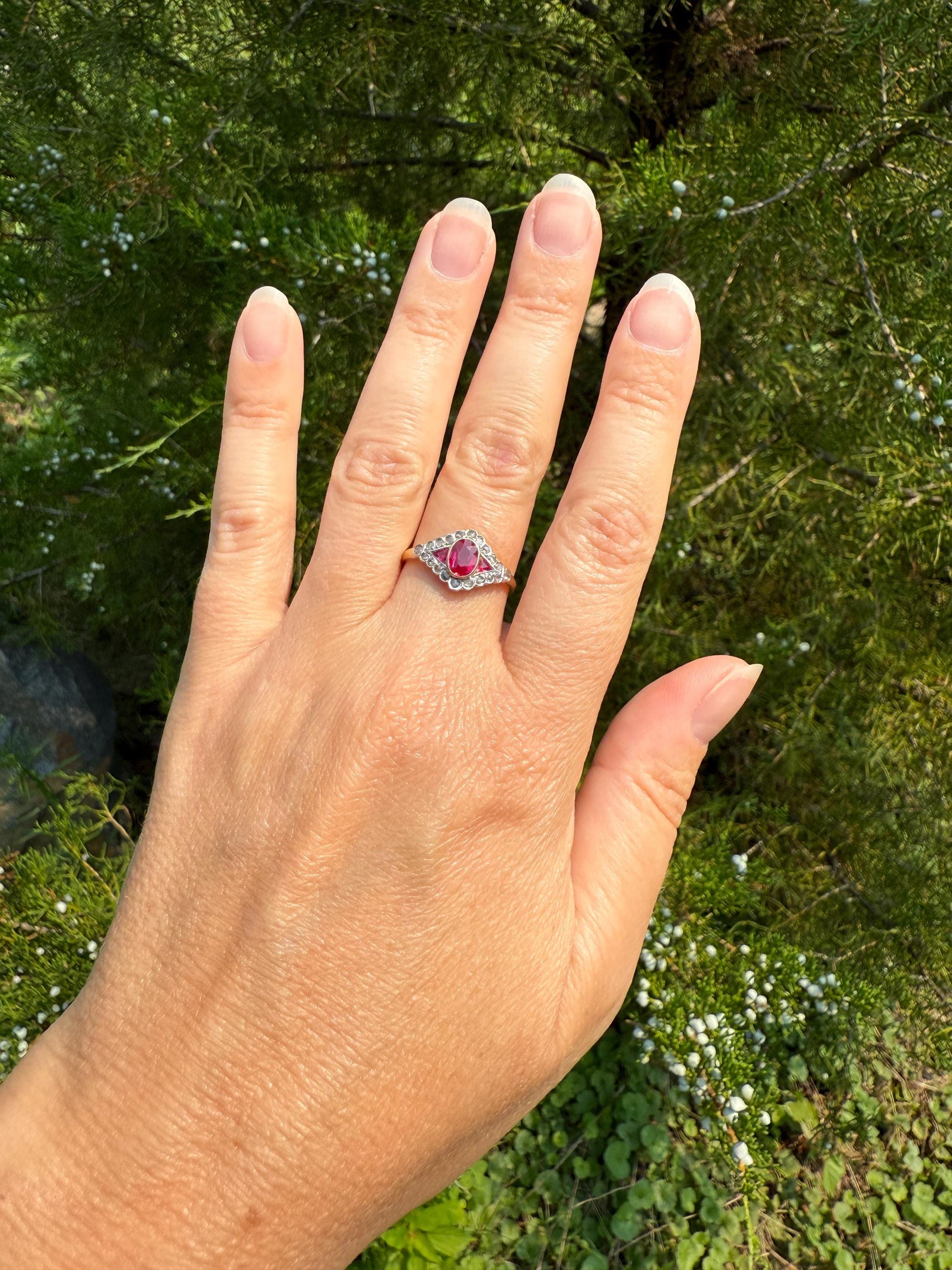 Antique Pink RUBY Rose Cut DIAMOND Garland Halo East West Ring French 18k Gold Stacker Belle Epoque Triangular Trillion Oval Marquise Red