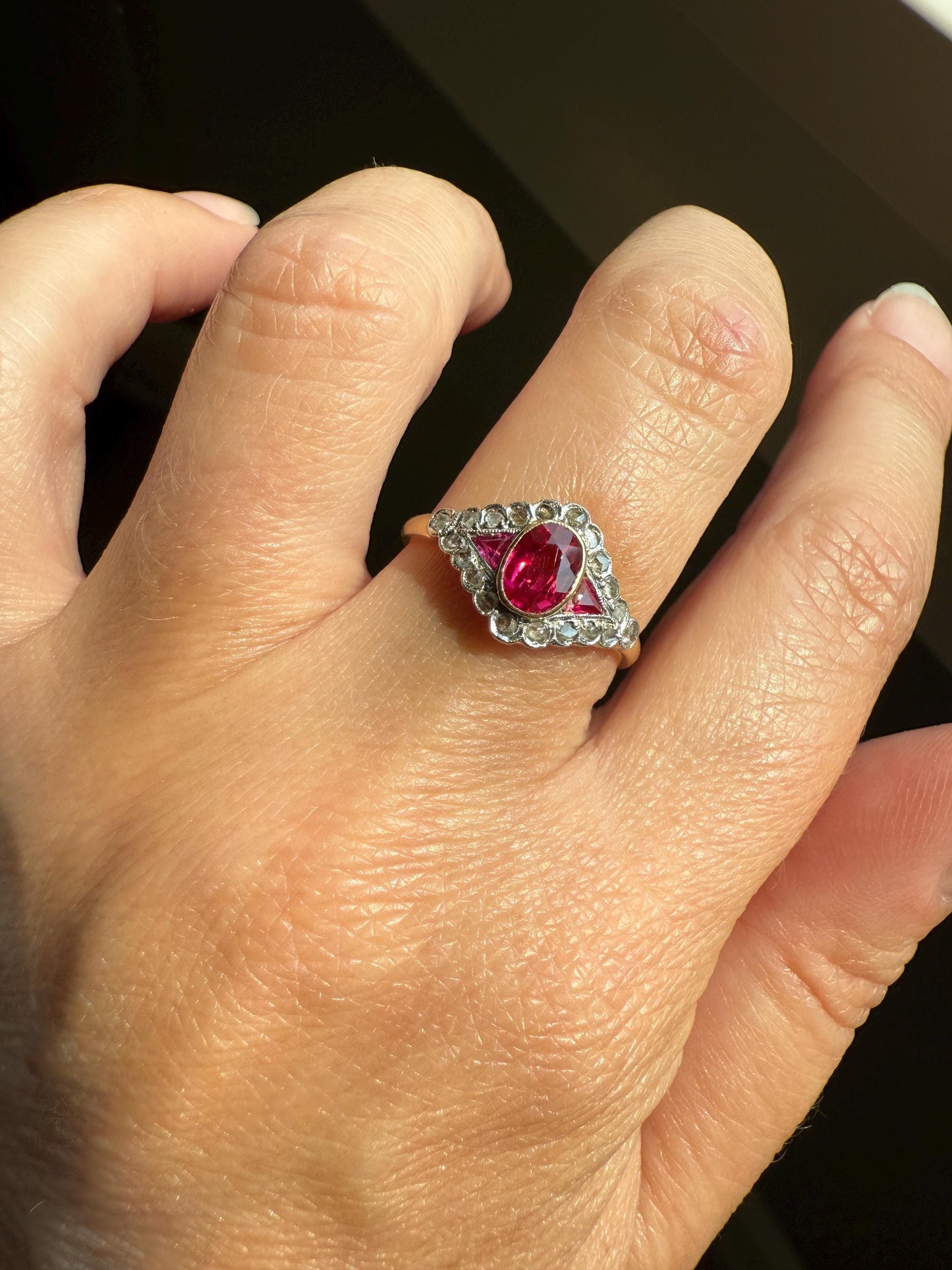 Antique Pink RUBY Rose Cut DIAMOND Garland Halo East West Ring French 18k Gold Stacker Belle Epoque Triangular Trillion Oval Marquise Red