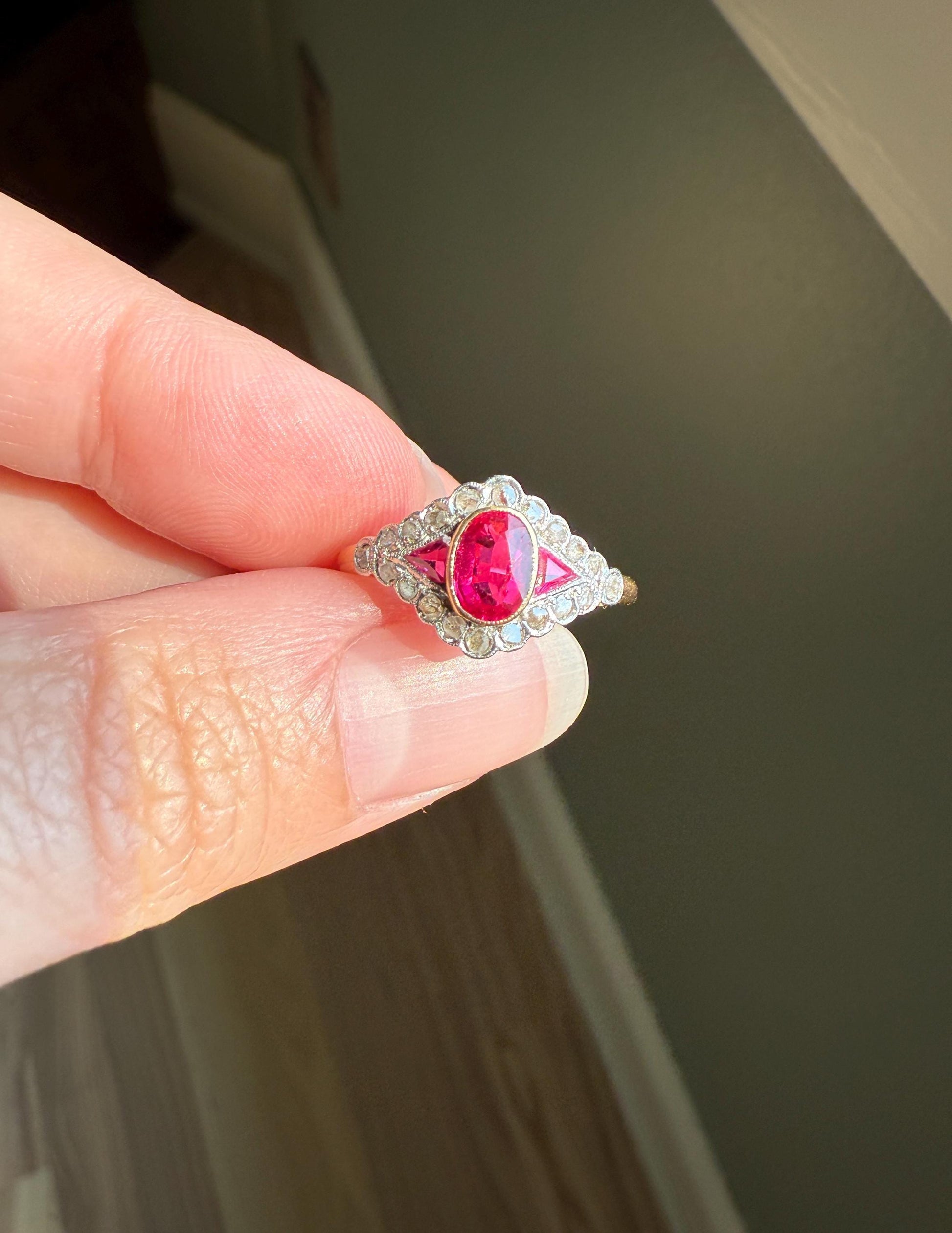 Antique Pink RUBY Rose Cut DIAMOND Garland Halo East West Ring French 18k Gold Stacker Belle Epoque Triangular Trillion Oval Marquise Red