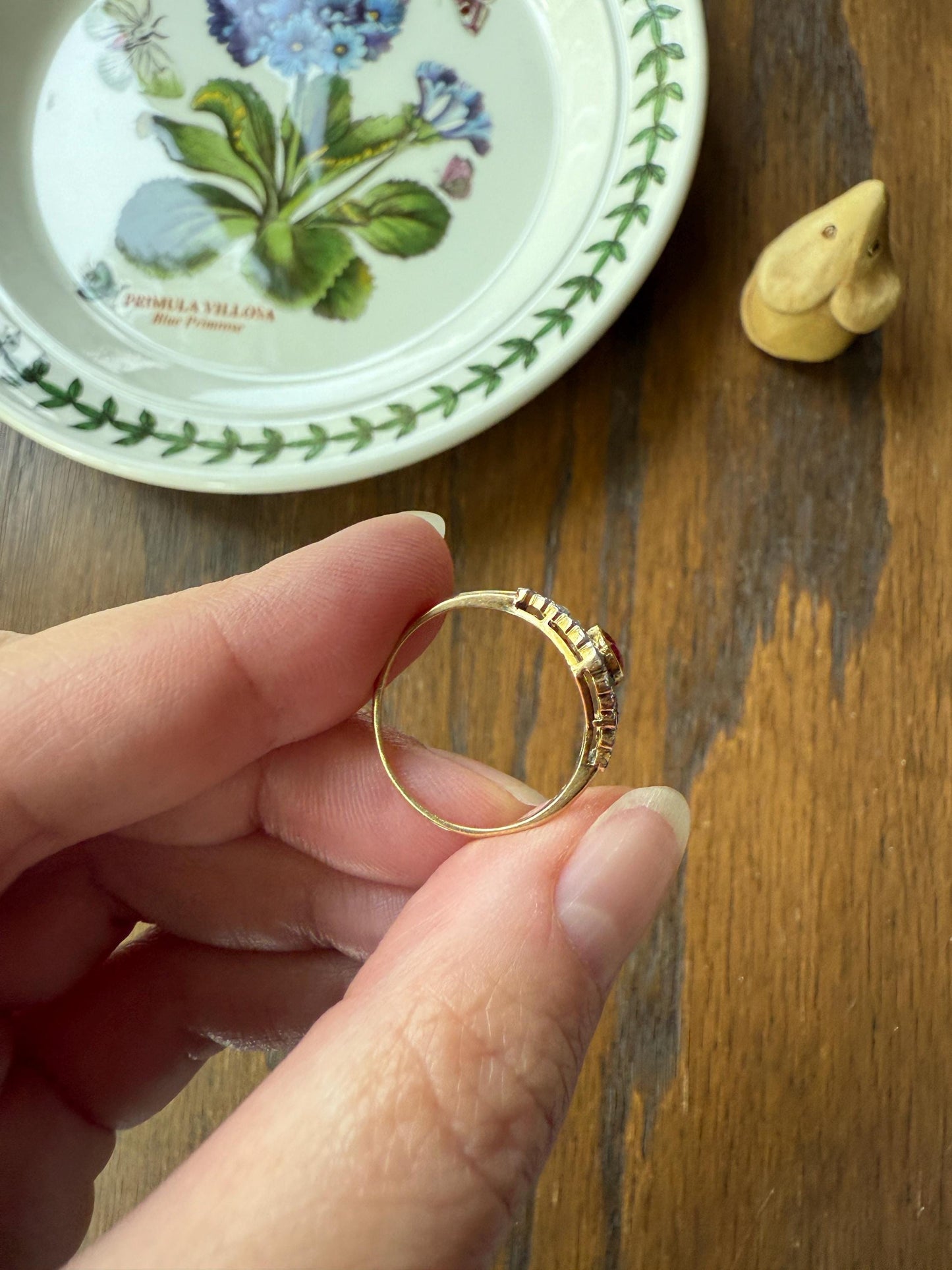 Antique Pink RUBY Rose Cut DIAMOND Garland Halo East West Ring French 18k Gold Stacker Belle Epoque Triangular Trillion Oval Marquise Red