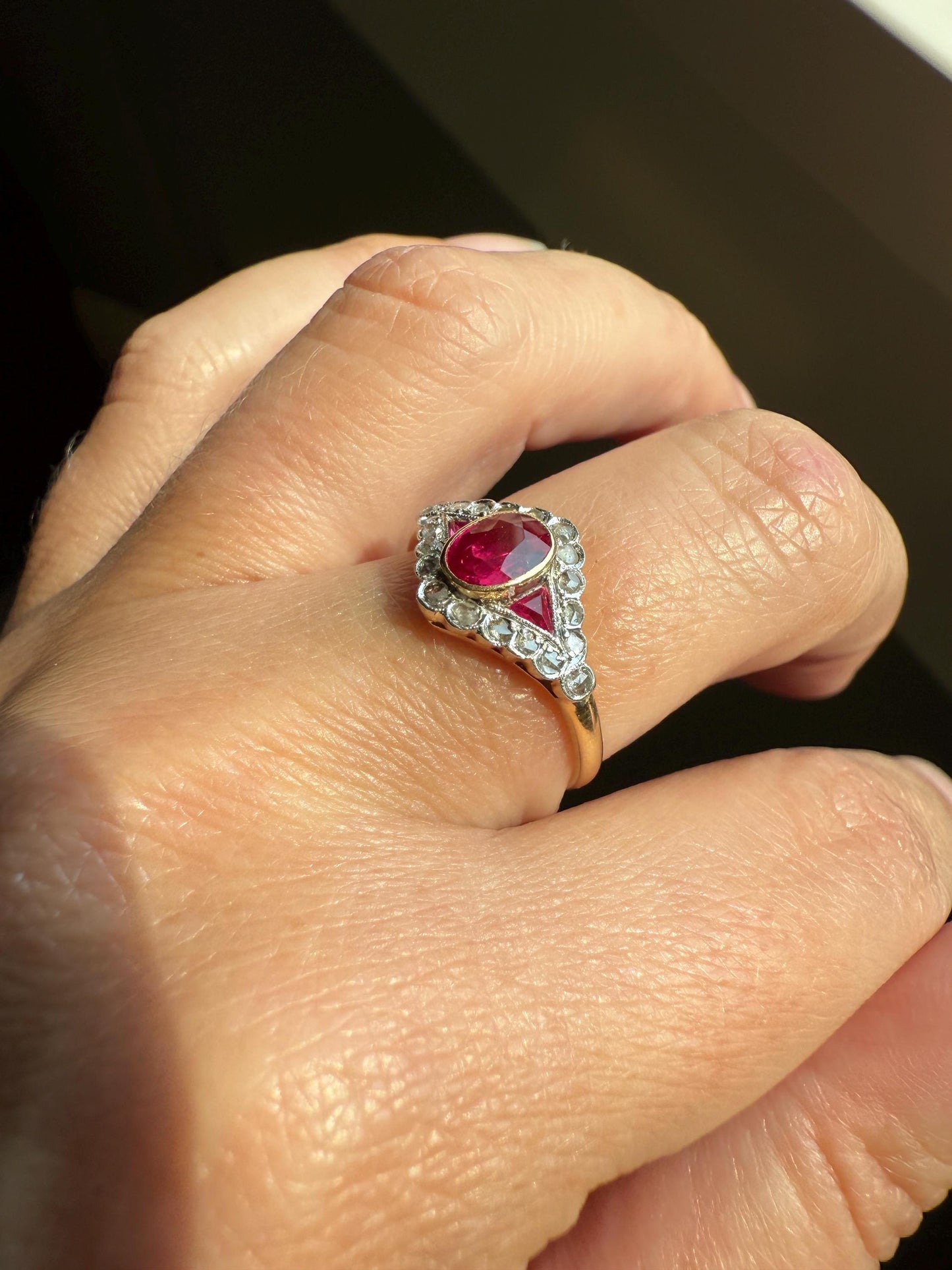 Antique Pink RUBY Rose Cut DIAMOND Garland Halo East West Ring French 18k Gold Stacker Belle Epoque Triangular Trillion Oval Marquise Red