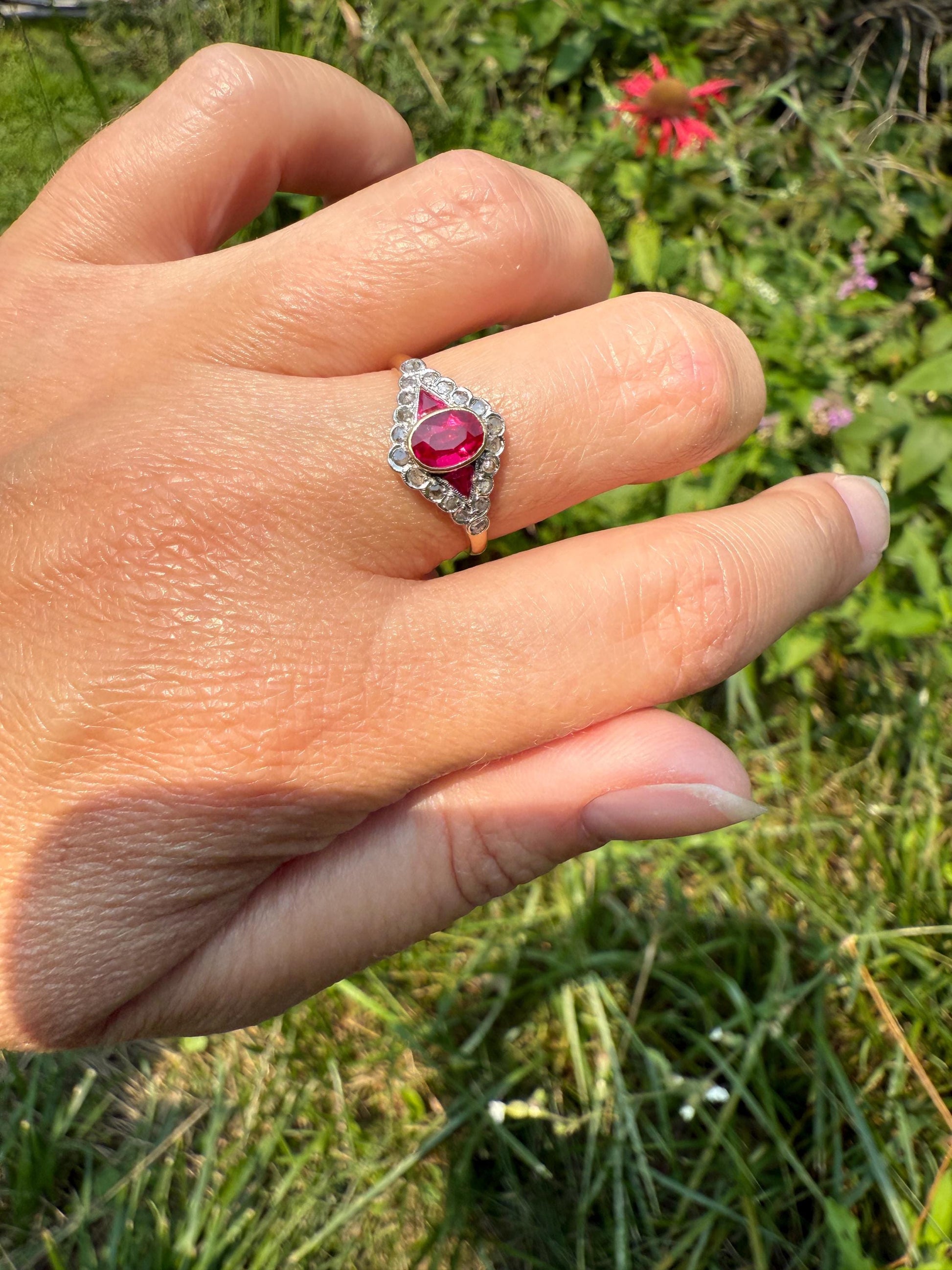 Antique Pink RUBY Rose Cut DIAMOND Garland Halo East West Ring French 18k Gold Stacker Belle Epoque Triangular Trillion Oval Marquise Red