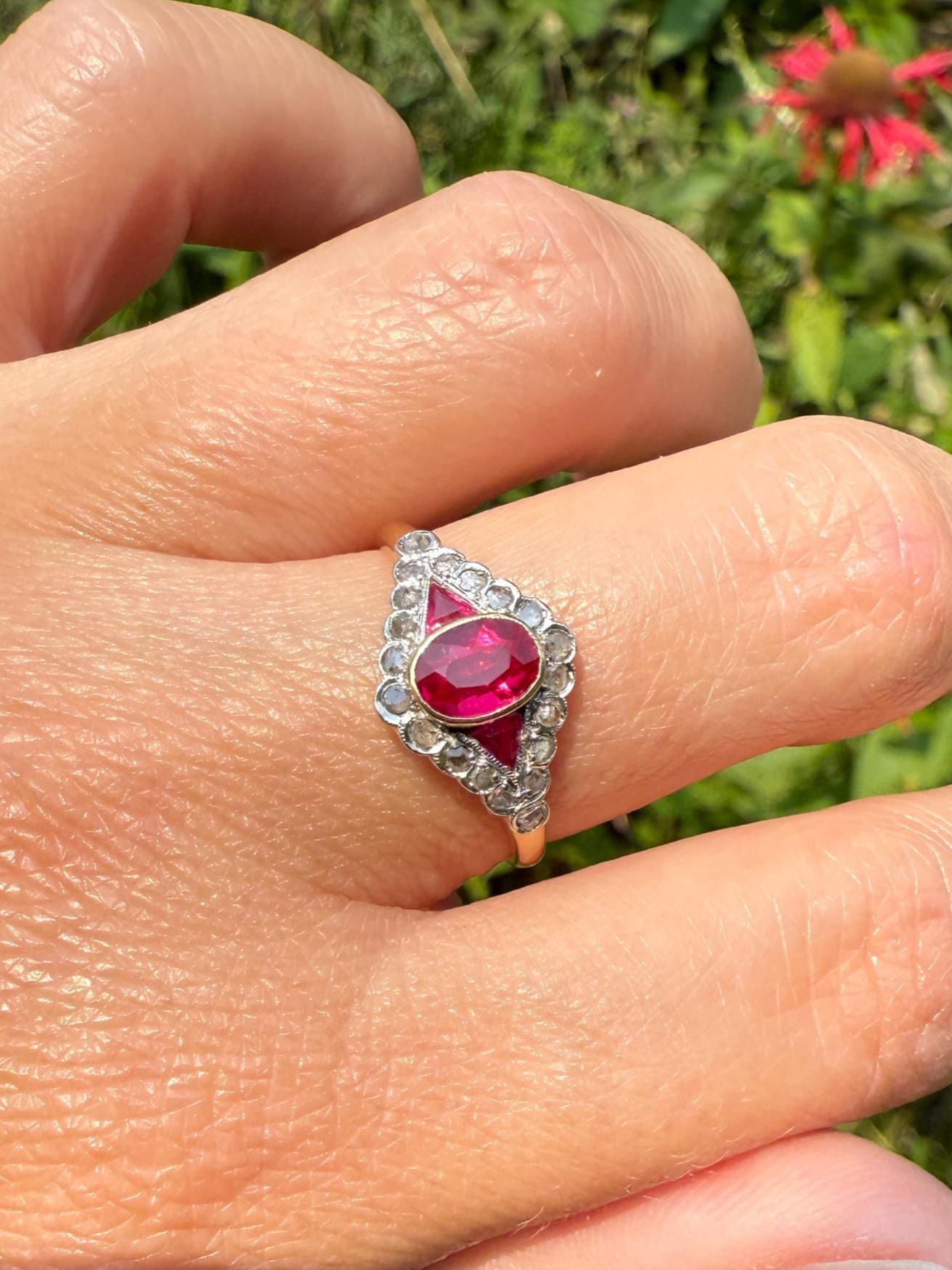 Antique Pink RUBY Rose Cut DIAMOND Garland Halo East West Ring French 18k Gold Stacker Belle Epoque Triangular Trillion