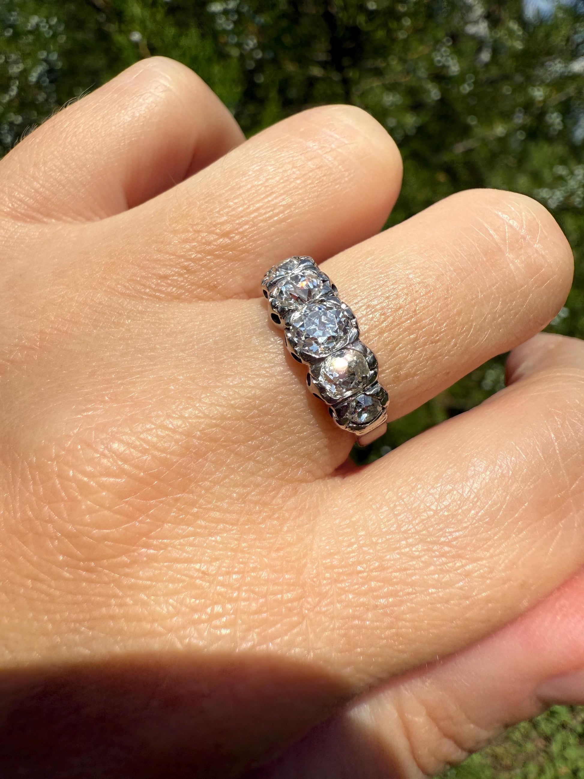 CHUNKY 1.5 Carat Five Stone Old Mine Cut Diamond Band French Antique Platinum Ring Stacker Wedding Anniversary Edwardian OMC