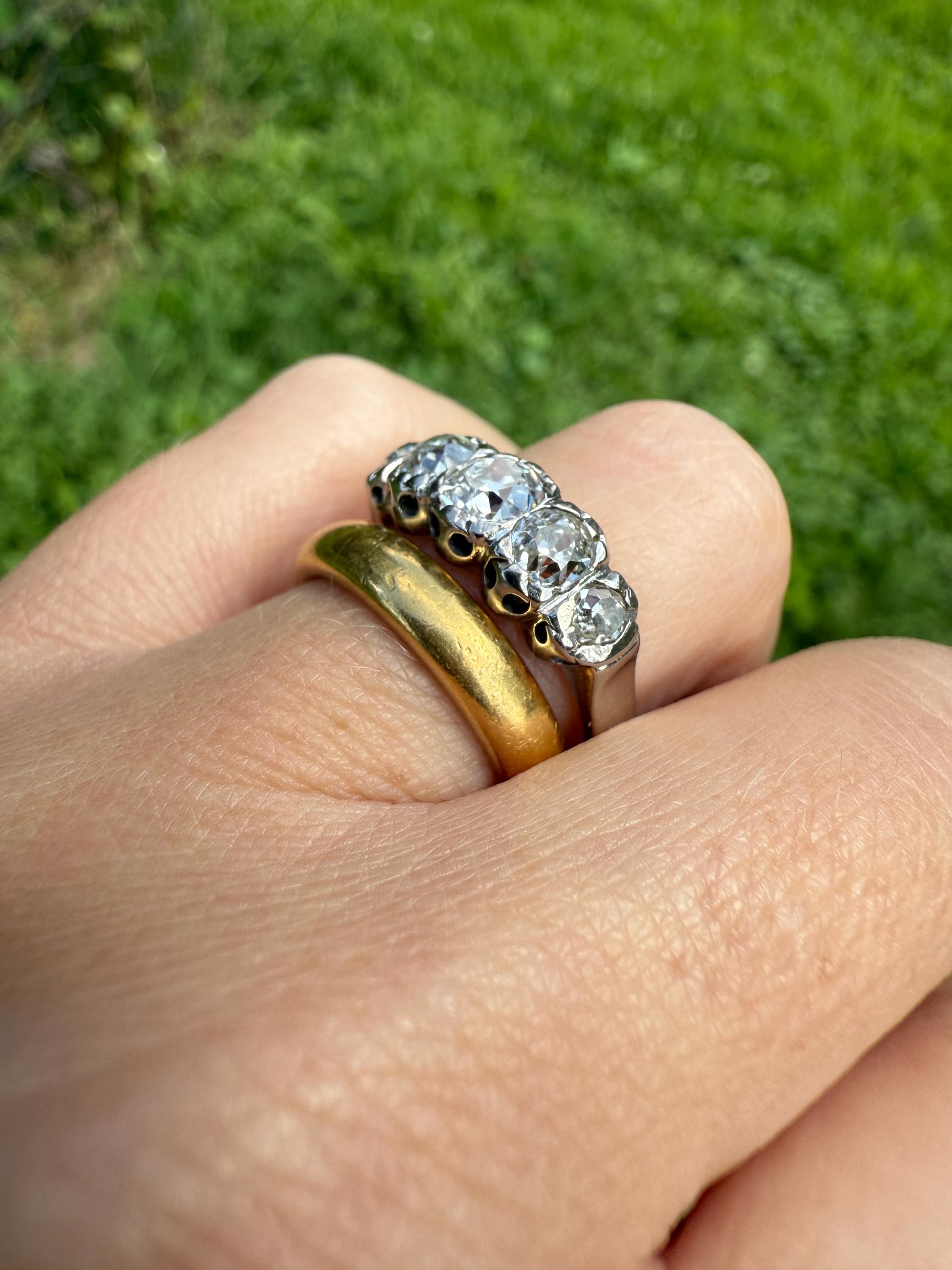 CHUNKY 1.5 Carat Five Stone Old Mine Cut Diamond Band French Antique Platinum Ring Stacker Wedding Anniversary Edwardian OMC