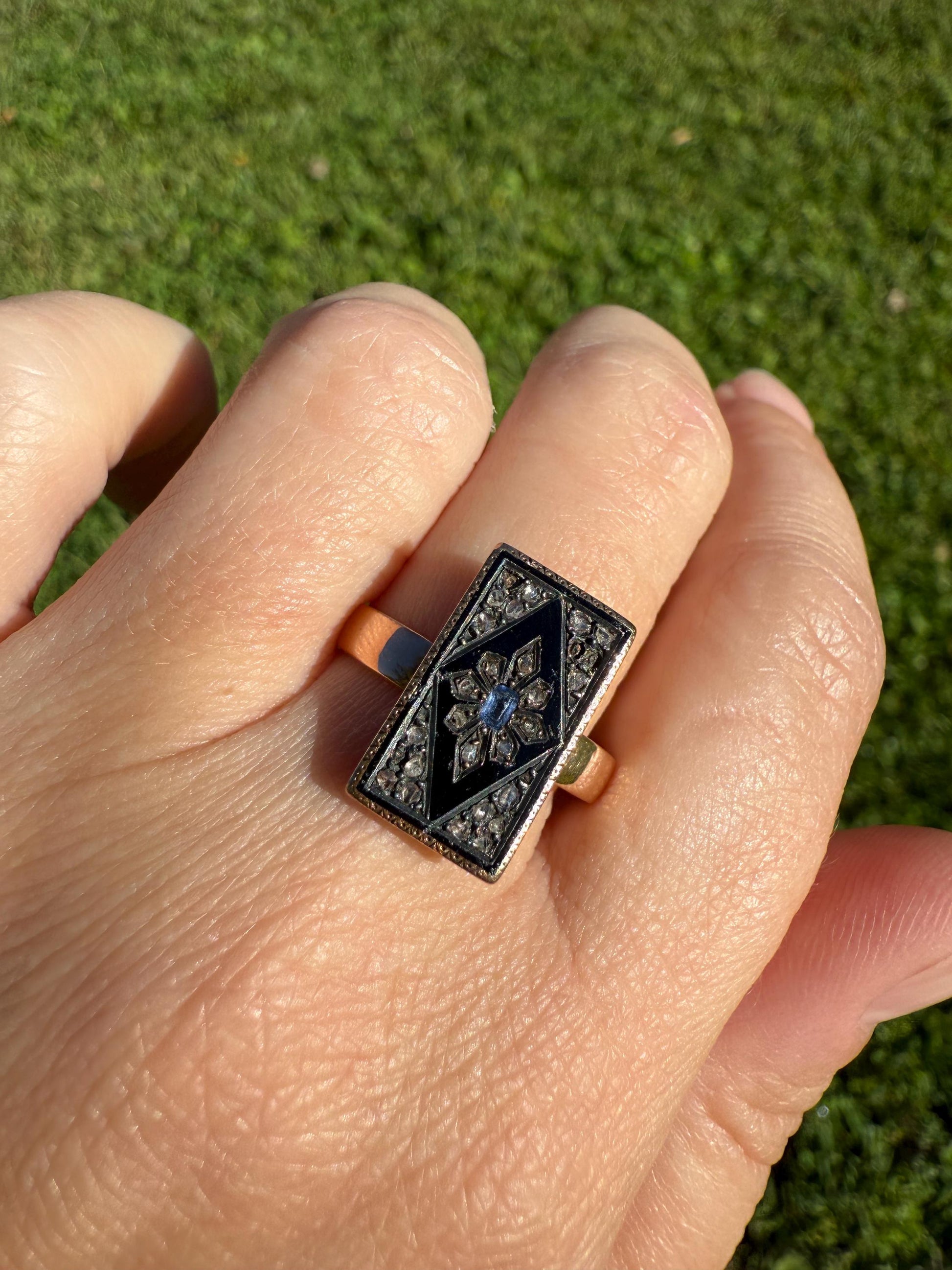 Antique Blue SAPPHIRE Rose Cut DIAMOND Black Enamel 14k Rosy Gold Plaque Ring Floral Geometric Rectangular Panel Romantic Gift Stacker