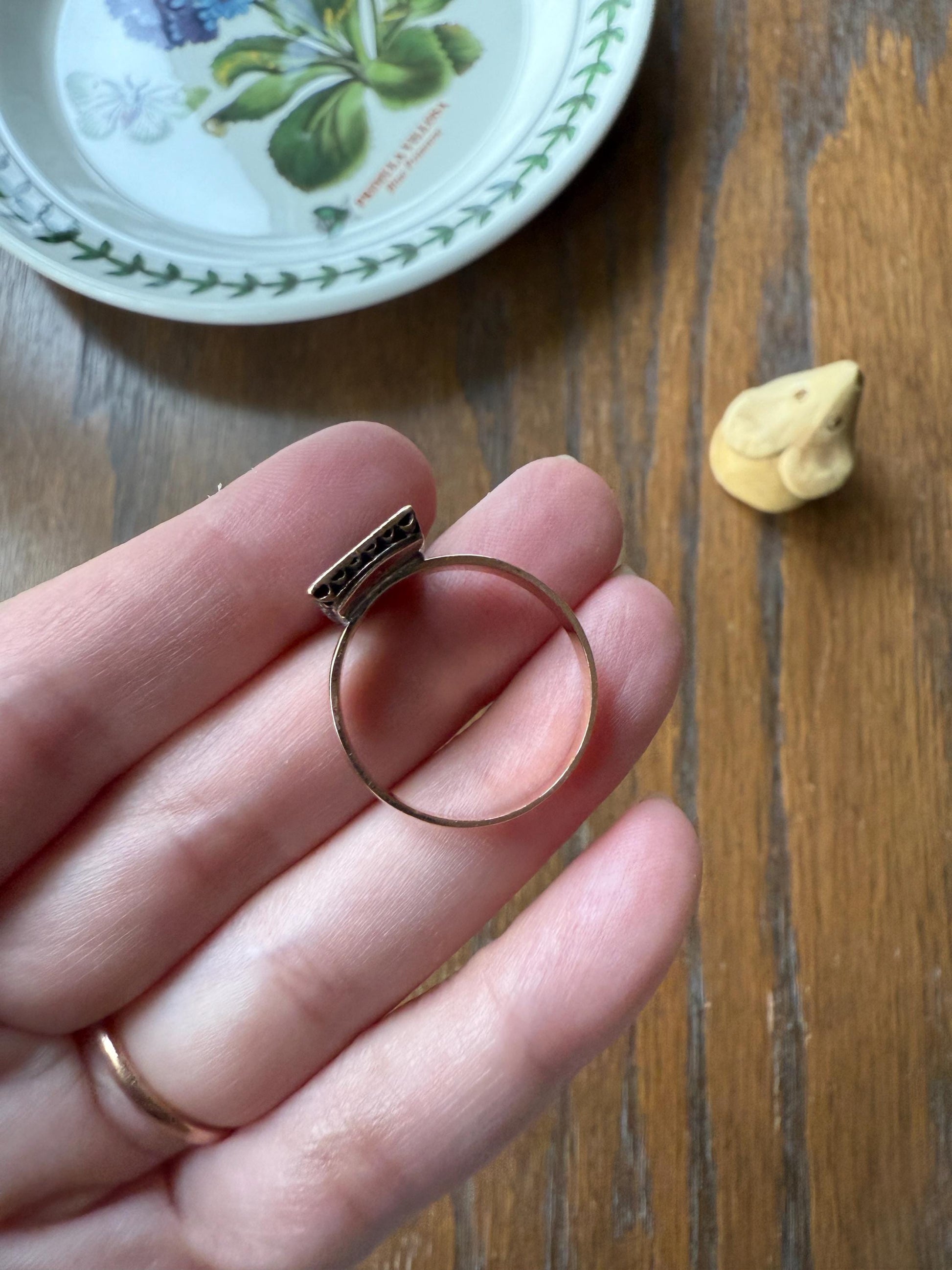Antique Blue SAPPHIRE Rose Cut DIAMOND Black Enamel 14k Rosy Gold Plaque Ring Floral Geometric Rectangular Panel Romantic Gift Stacker