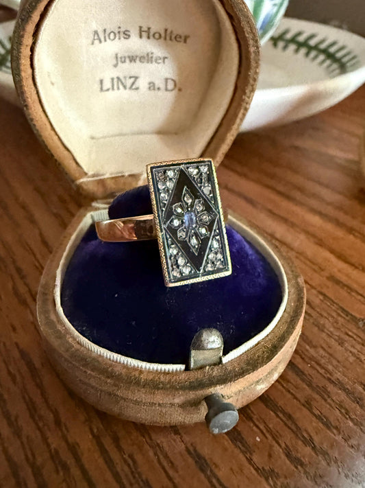Antique Blue SAPPHIRE Rose Cut DIAMOND Black Enamel 14k Rosy Gold Plaque Ring Floral Geometric Rectangular Panel Romantic Gift Stacker