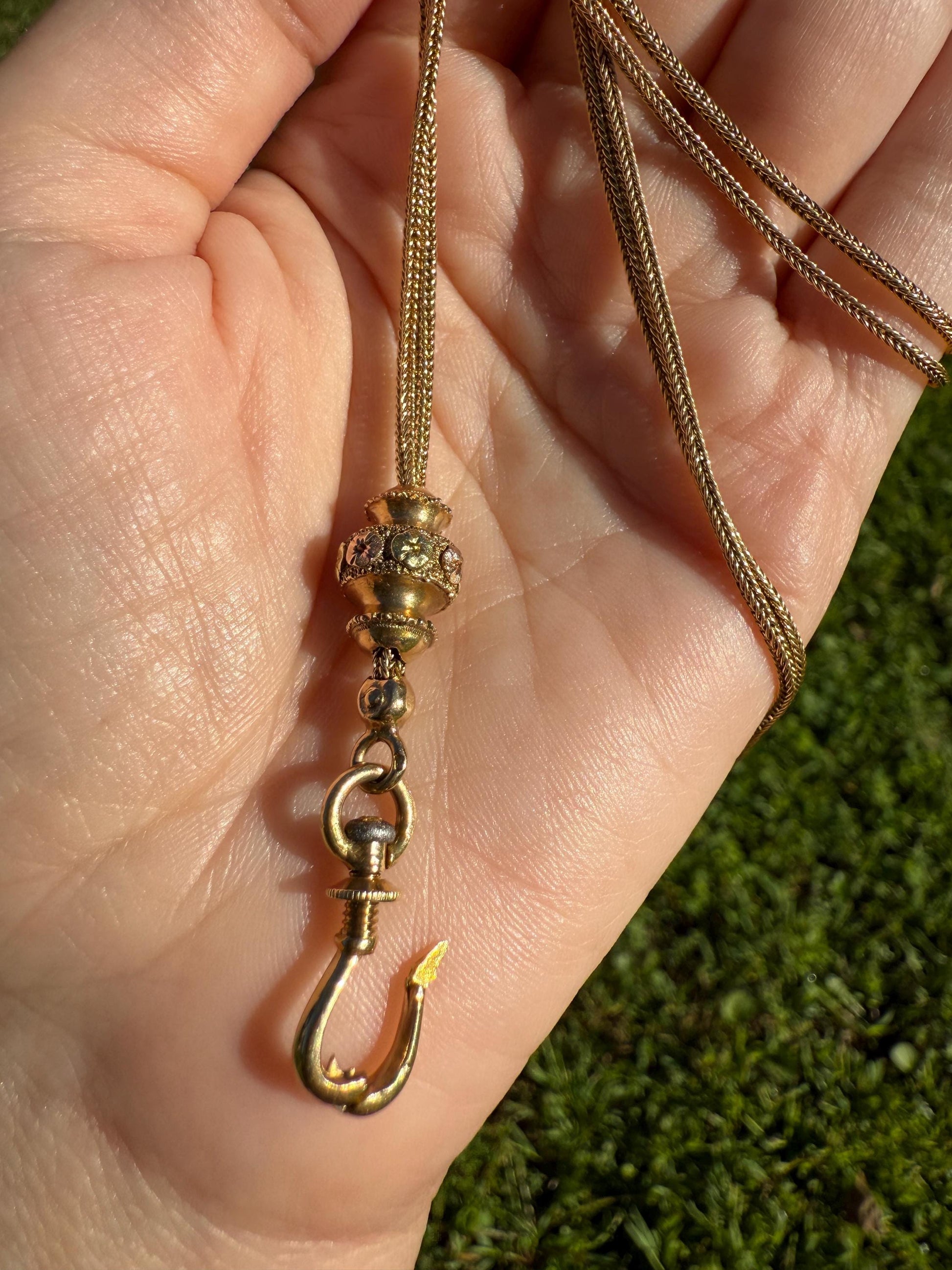 French VICTORIAN Floral Tricolor 18k Gold 20g X- Long Guard Box Link Muff Double Chain Necklace w/ Slide & Dog Clip Pendant Holder Bracelet