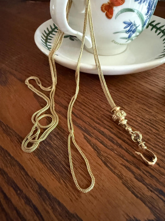 French VICTORIAN Floral Tricolor 18k Gold 20g X- Long Guard Box Link Muff Double Chain Necklace w/ Slide & Dog Clip Pendant Holder Bracelet