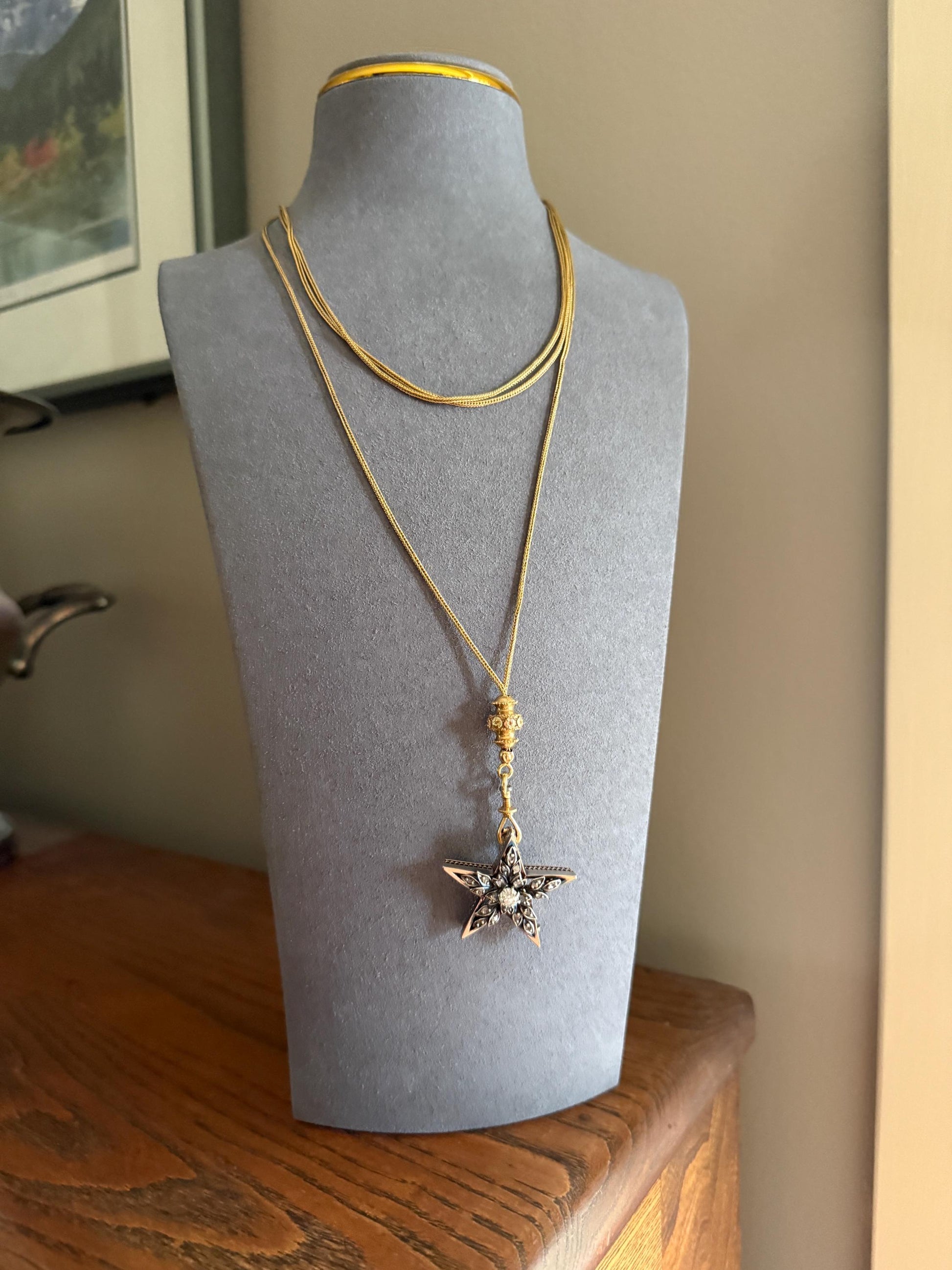 French VICTORIAN Floral Tricolor 18k Gold 20g X- Long Guard Box Link Muff Double Chain Necklace w/ Slide & Dog Clip Pendant Holder Bracelet