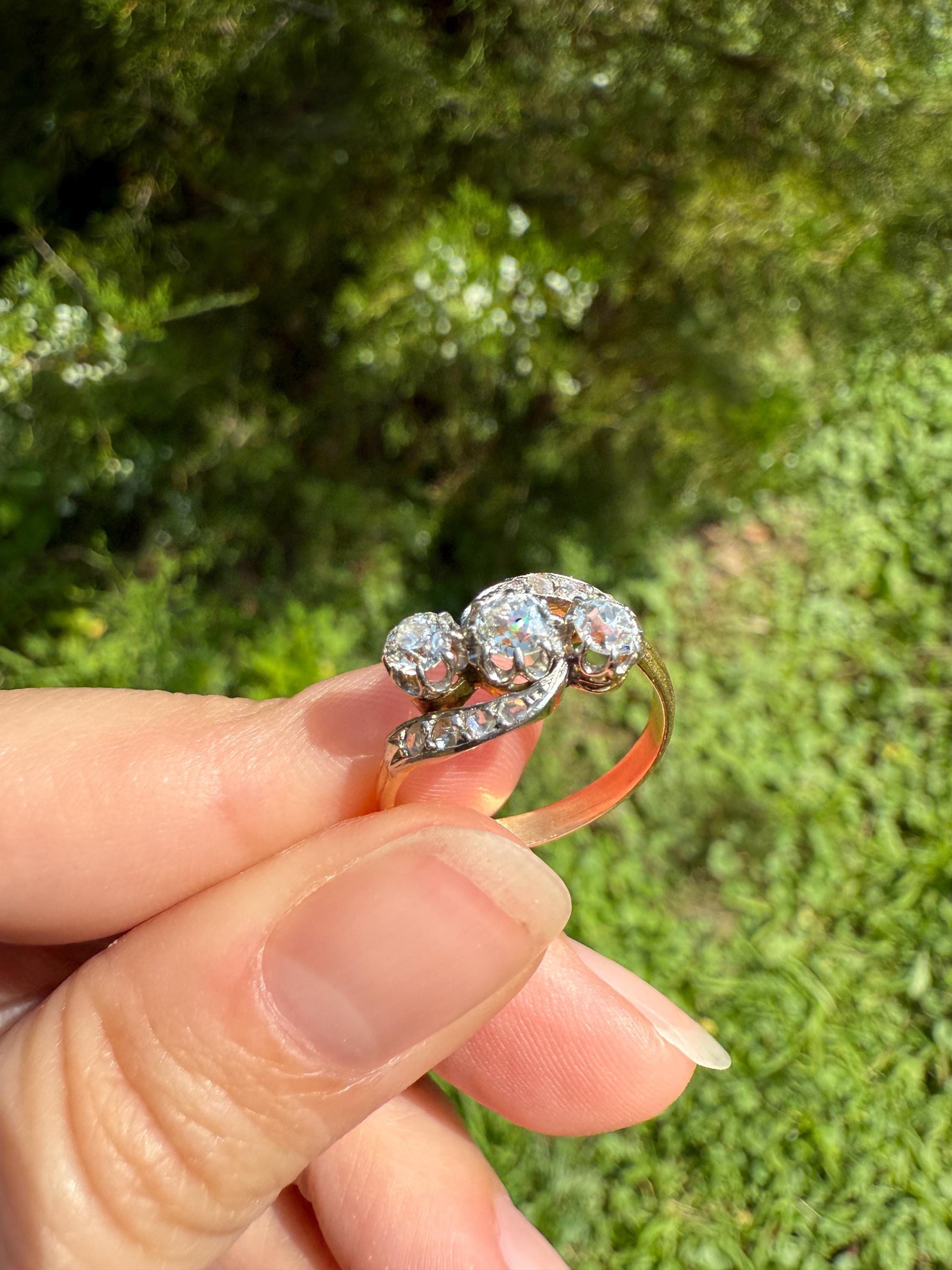 Antique Old Mine Cut Angled Bypass Three Stone Ring Rose Accents French 18k Gold Stacker Band Ringstack Ornate Swirl OMC Belle Epoque