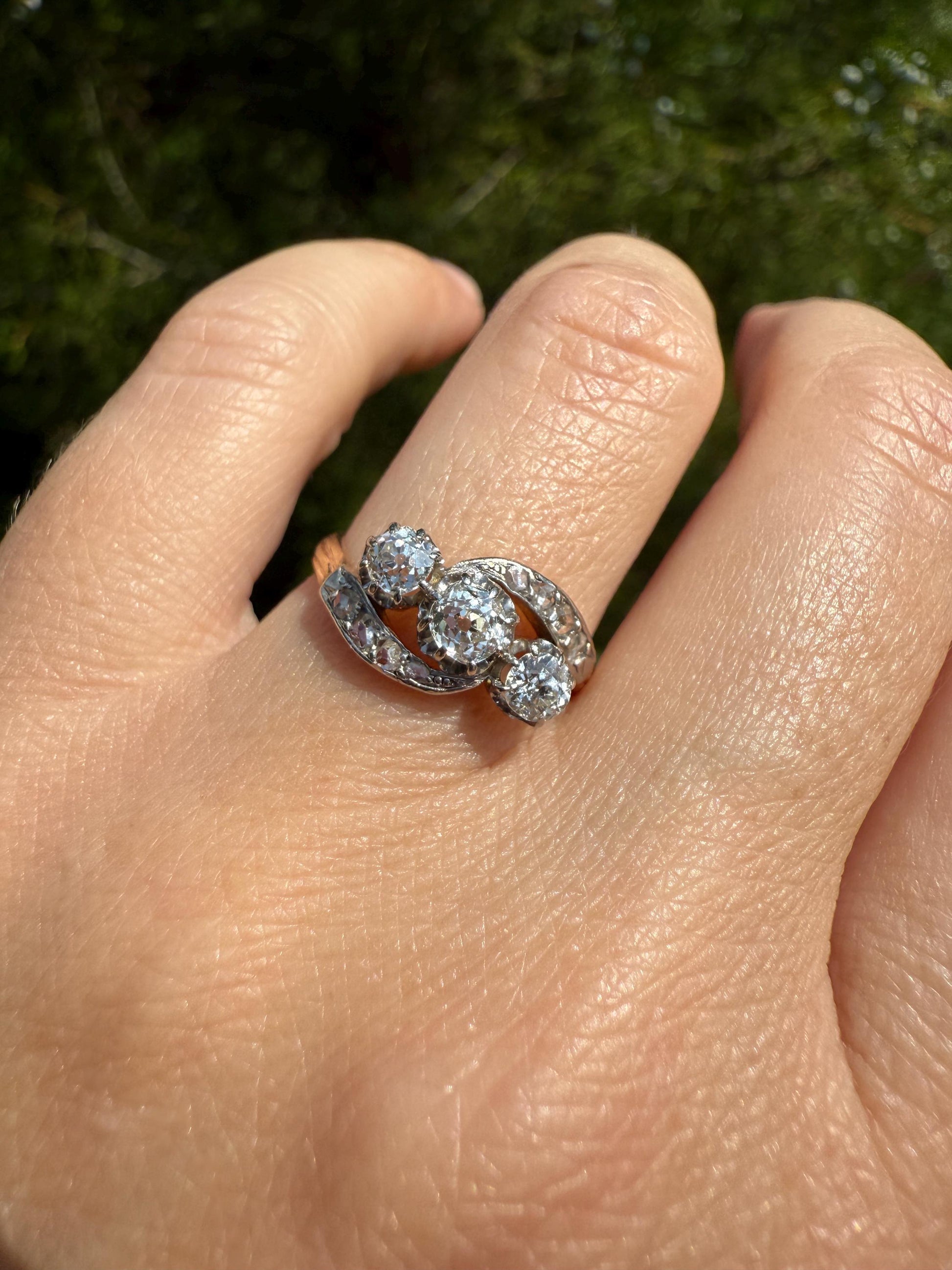 Antique Old Mine Cut Angled Bypass Three Stone Ring Rose Accents French 18k Gold Stacker Band Ringstack Ornate Swirl OMC Belle Epoque
