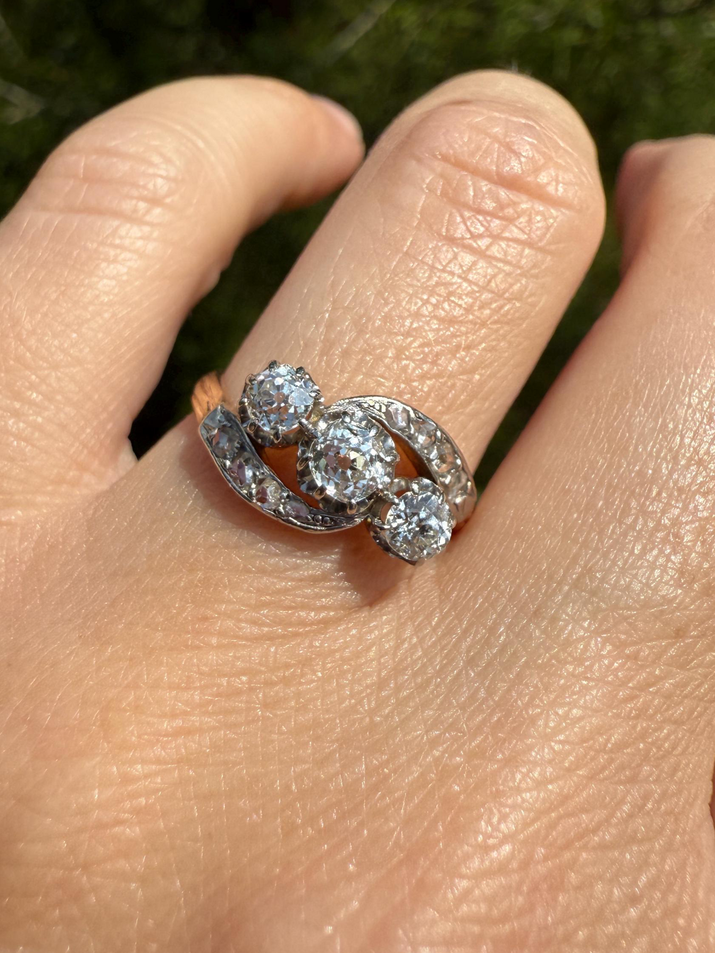 Antique .7 Carat Old Mine Cut Angled Bypass Three Stone Ring Rose Accents French 18k Gold Stacker Band OMC Belle Epoque