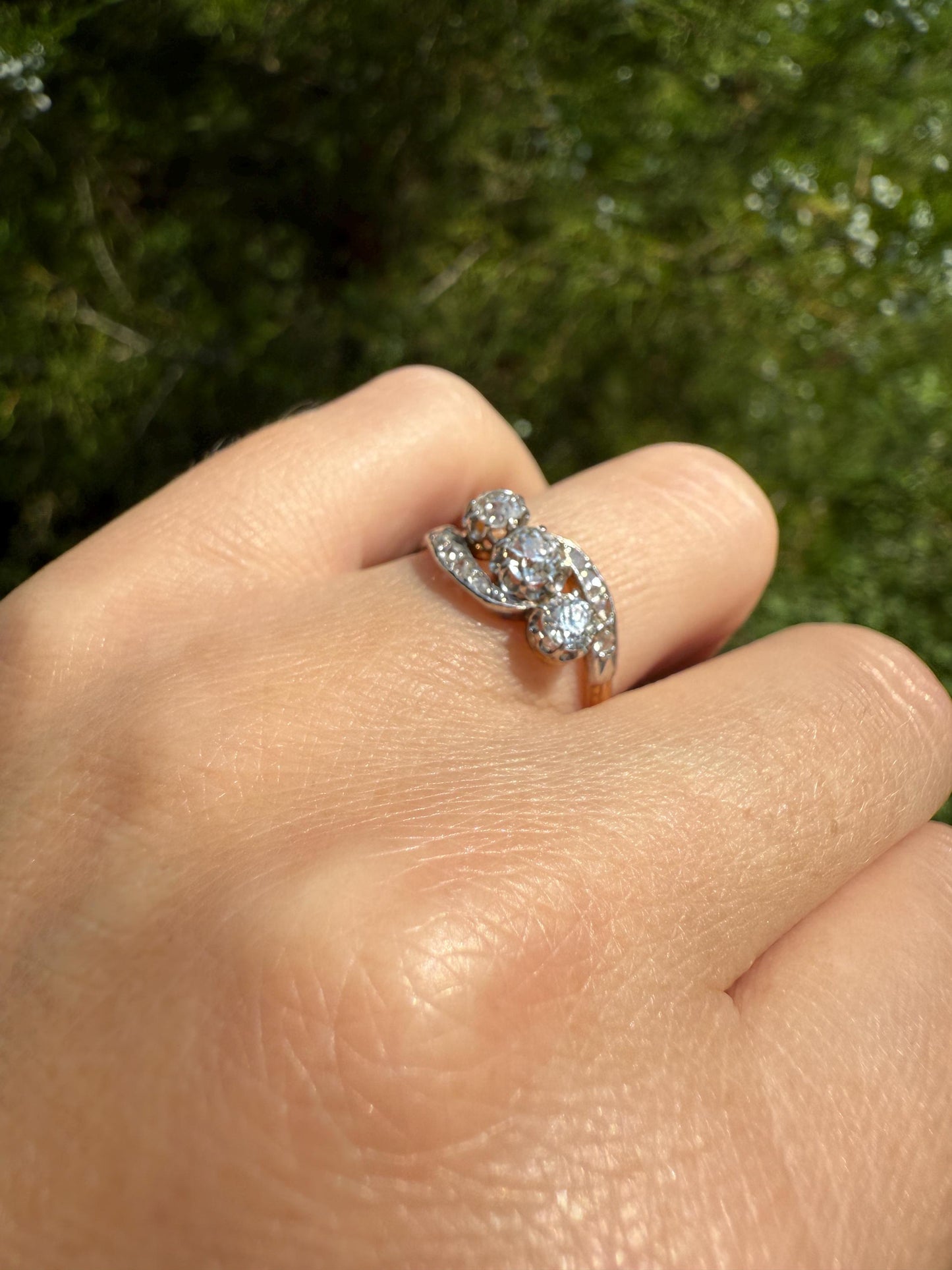 Antique Old Mine Cut Angled Bypass Three Stone Ring Rose Accents French 18k Gold Stacker Band Ringstack Ornate Swirl OMC Belle Epoque