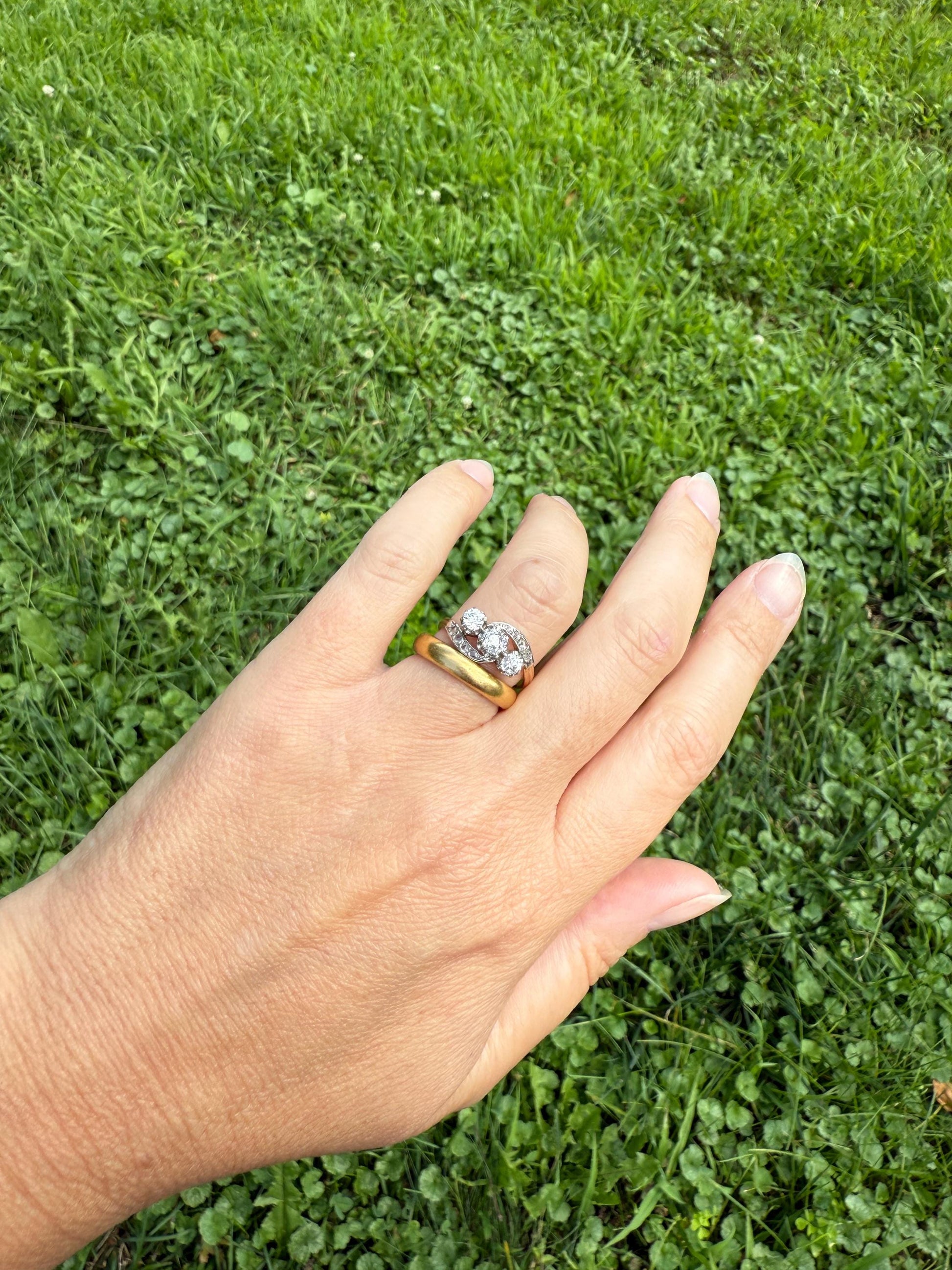 Antique Old Mine Cut Angled Bypass Three Stone Ring Rose Accents French 18k Gold Stacker Band Ringstack Ornate Swirl OMC Belle Epoque