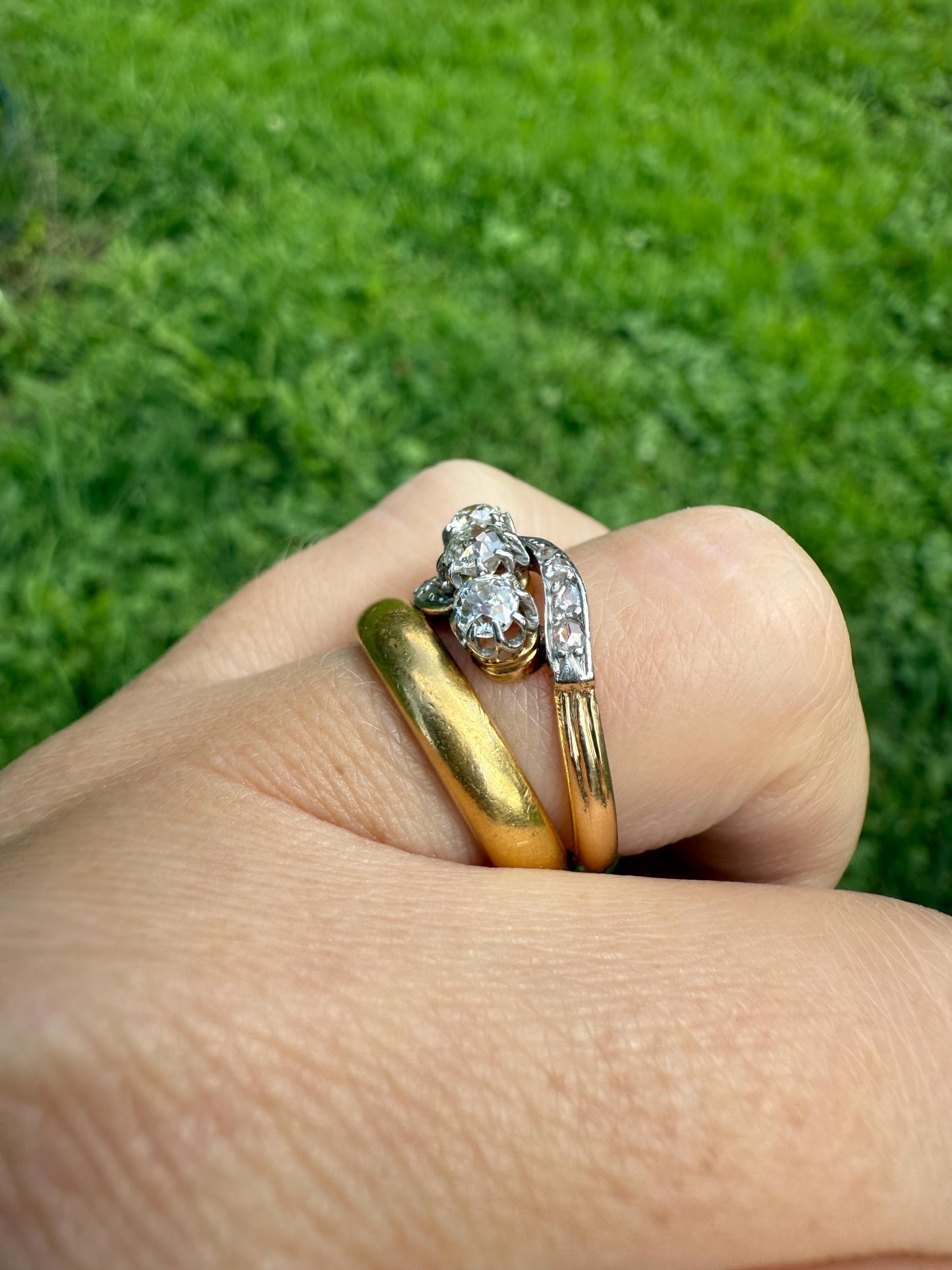 Antique Old Mine Cut Angled Bypass Three Stone Ring Rose Accents French 18k Gold Stacker Band Ringstack Ornate Swirl OMC Belle Epoque