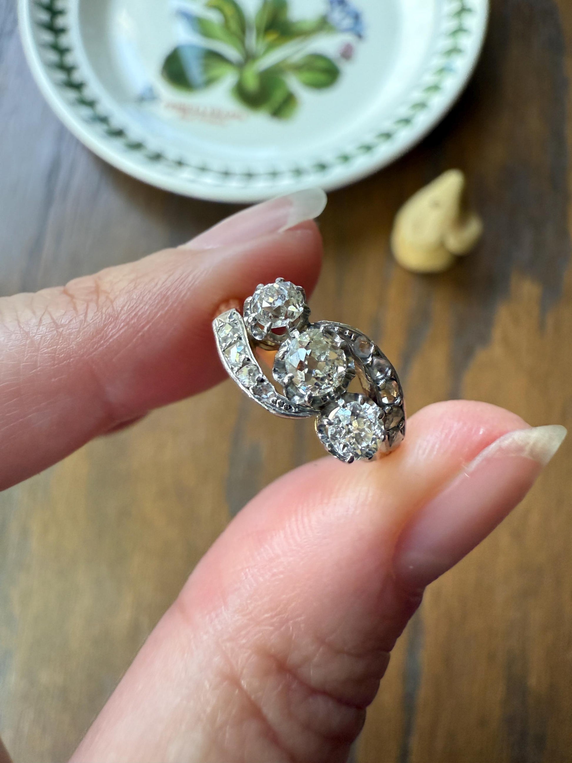 Antique Old Mine Cut Angled Bypass Three Stone Ring Rose Accents French 18k Gold Stacker Band Ringstack Ornate Swirl OMC Belle Epoque
