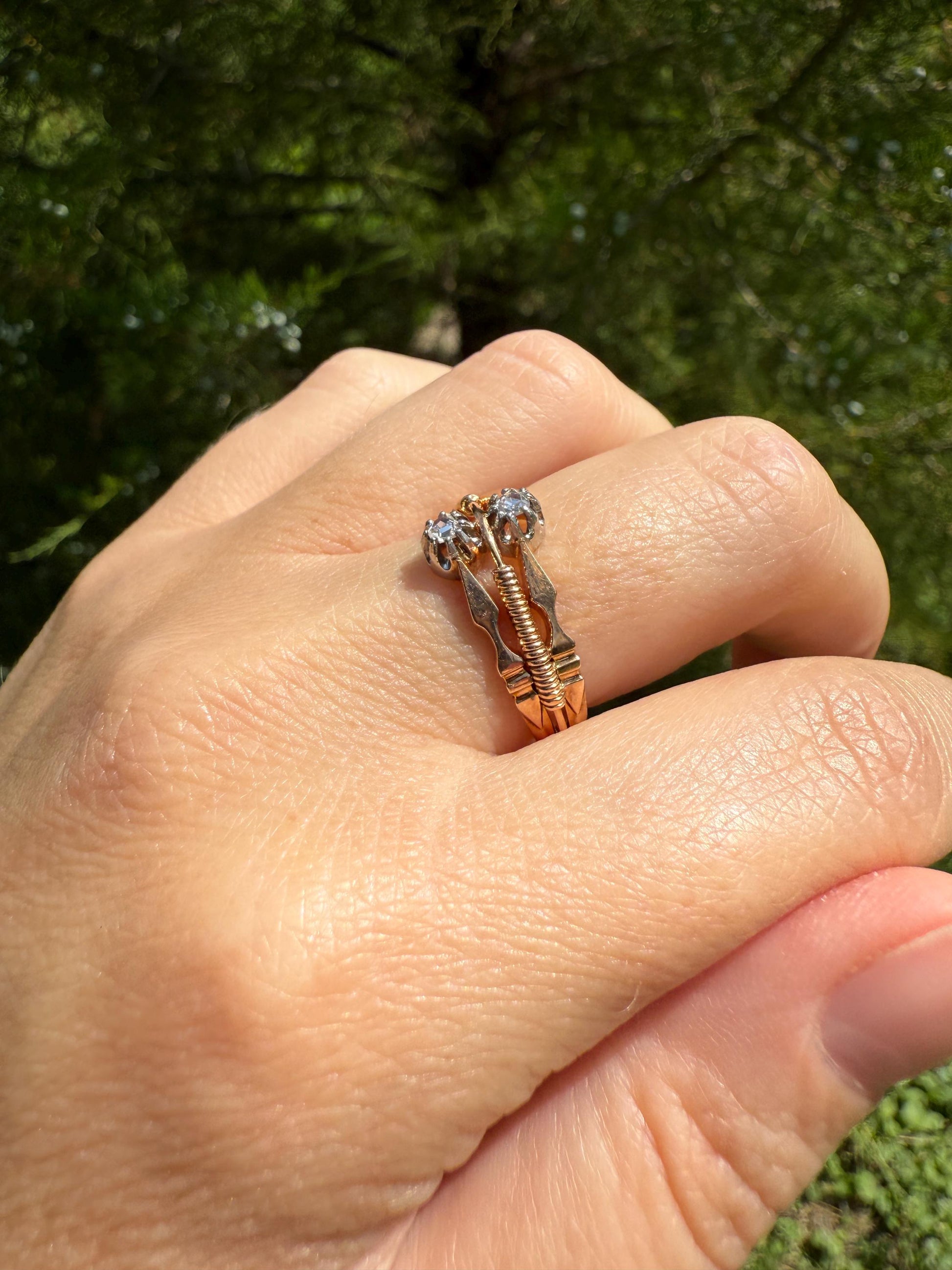 Antique Rose Cut DIAMOND Toi et Moi Triple Band French 18k Rose Gold Stacker Victorian Hallmark Linear Coil Arrows Belle Epoque Unique