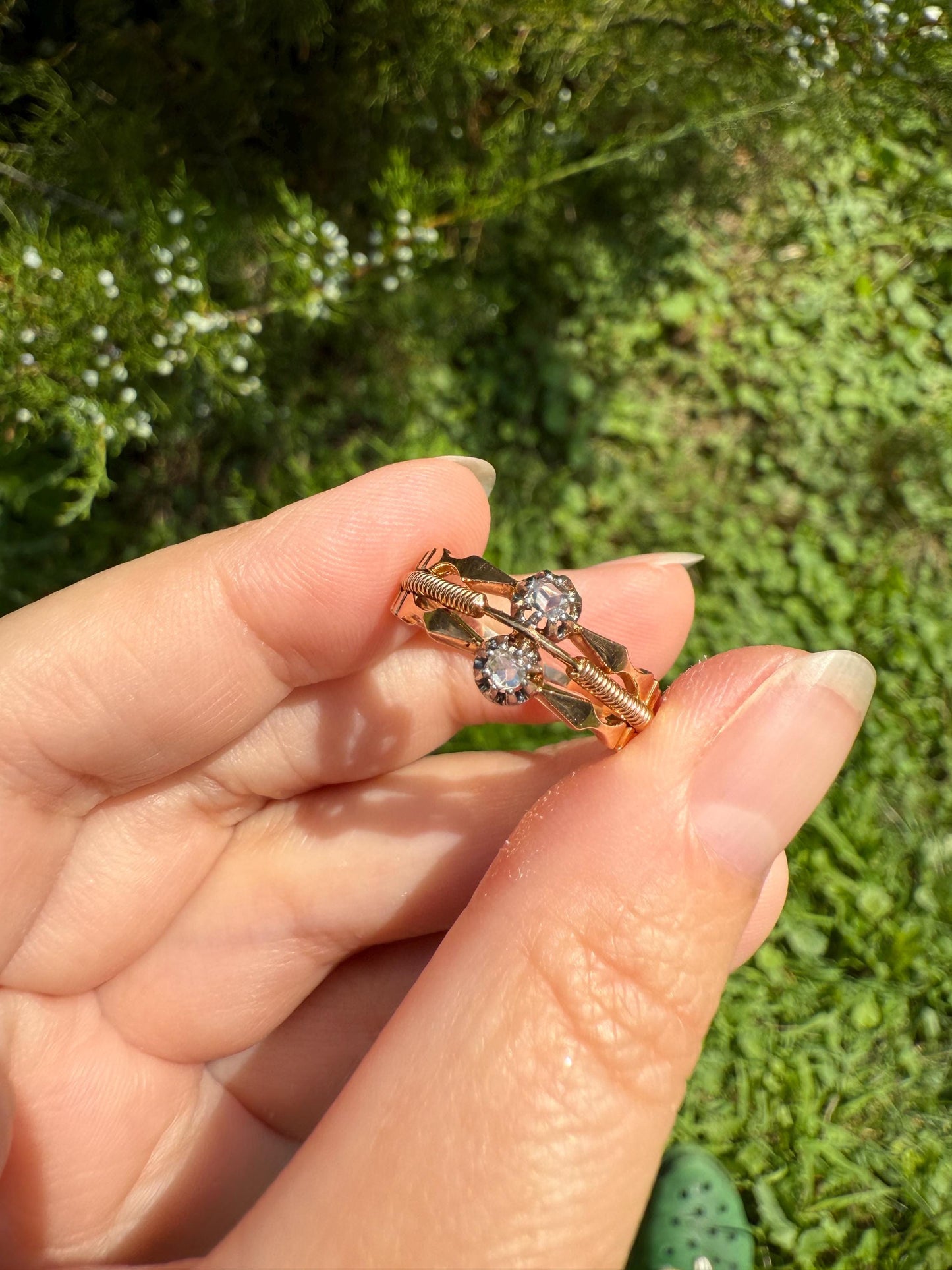 Antique Rose Cut DIAMOND Toi et Moi Triple Band French 18k Rose Gold Stacker Victorian Hallmark Linear Coil Arrows Belle Epoque Unique