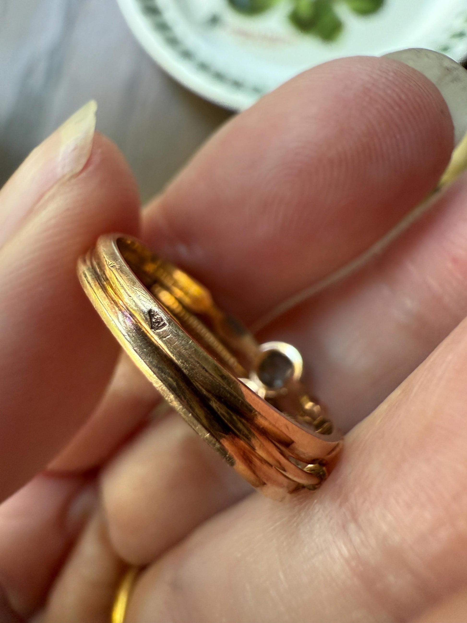 Antique Rose Cut DIAMOND Toi et Moi Triple Band French 18k Rose Gold Stacker Victorian Hallmark Linear Coil Arrows Belle Epoque Unique