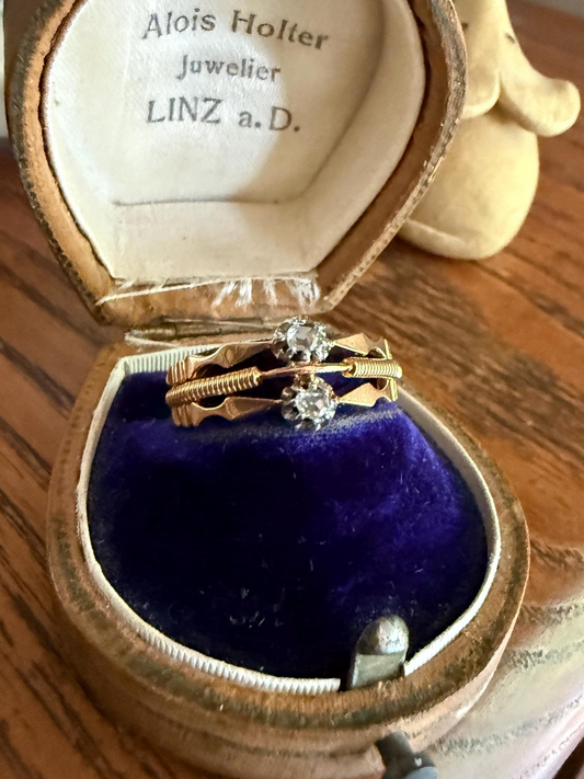 Antique Rose Cut DIAMOND Toi et Moi Triple Band French 18k Rose Gold Stacker Victorian Hallmark Linear Coil Arrow