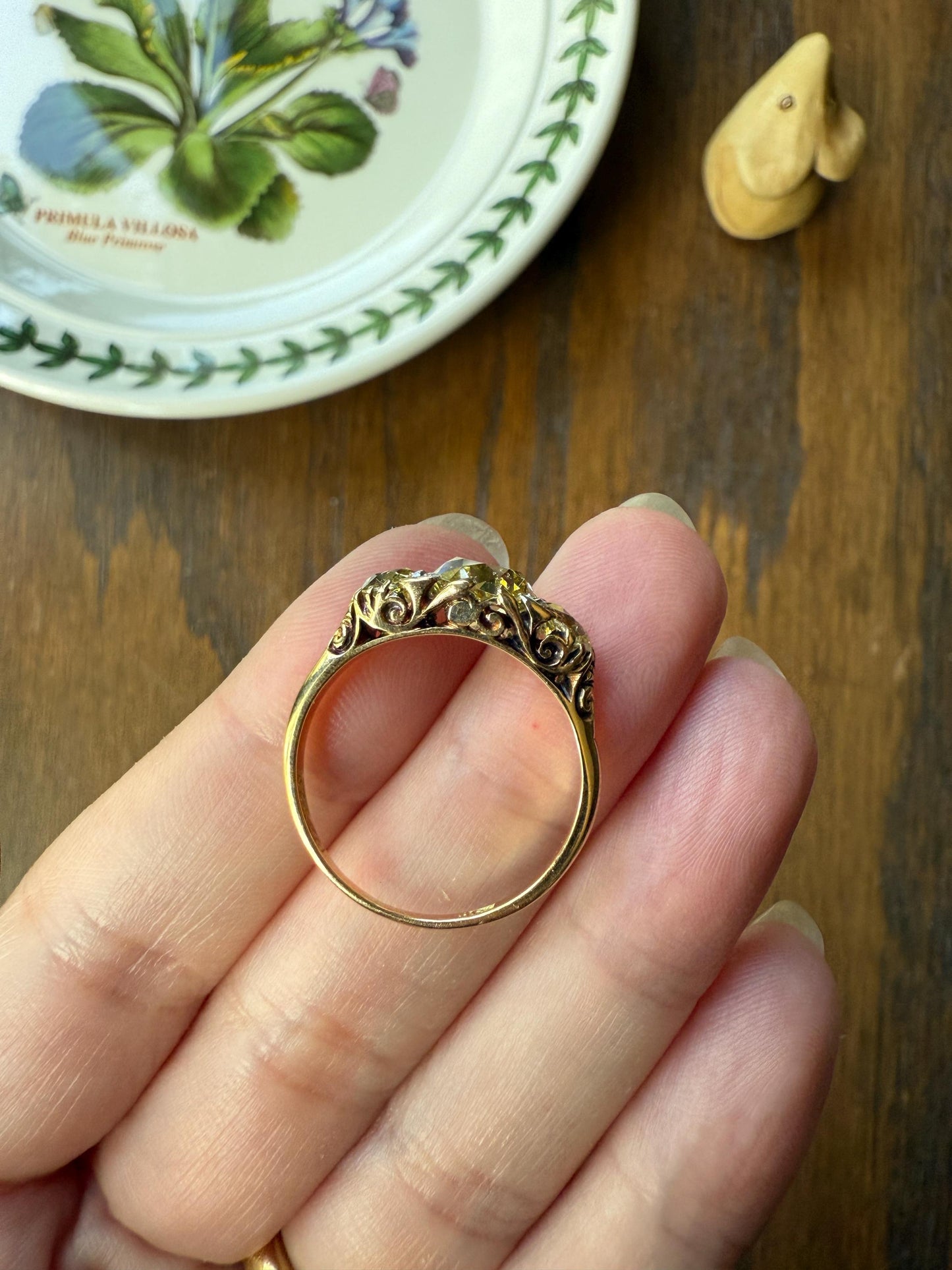 SPECIAL 3.1 Carat Antique FANCY YELLOW Old Mine Cut Diamond Three Stone Ring Gemset Prong Spacers 18k Gold Rare Chunky Band Canary 3.1Ct OmC