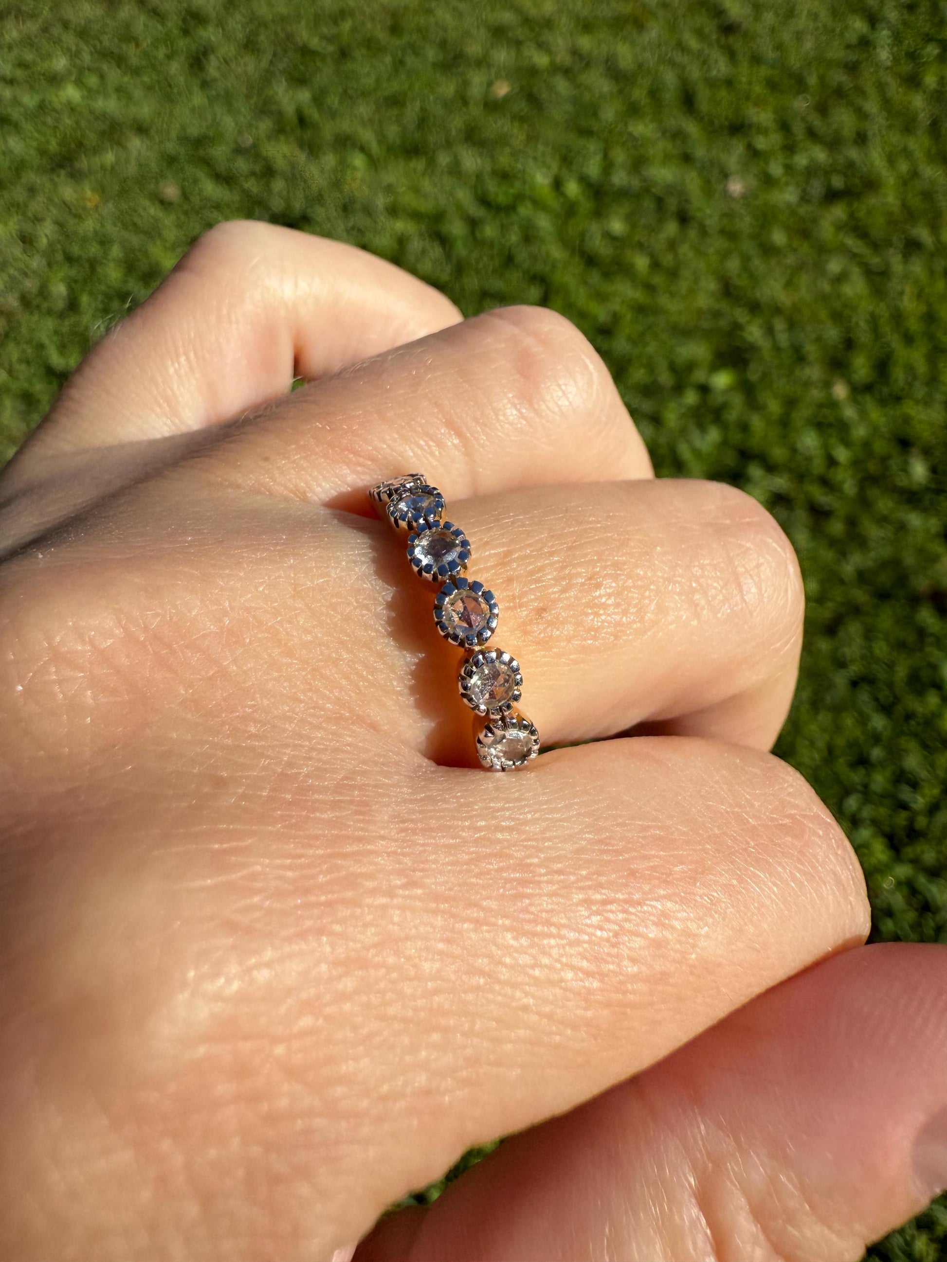 Seven Stone Open Backed Rose Cut DIAMOND Half Hoop Eternity 18k Gold Ring Stacker Tall Antique Style Splayed Skinny Wedding Anniversary Gift